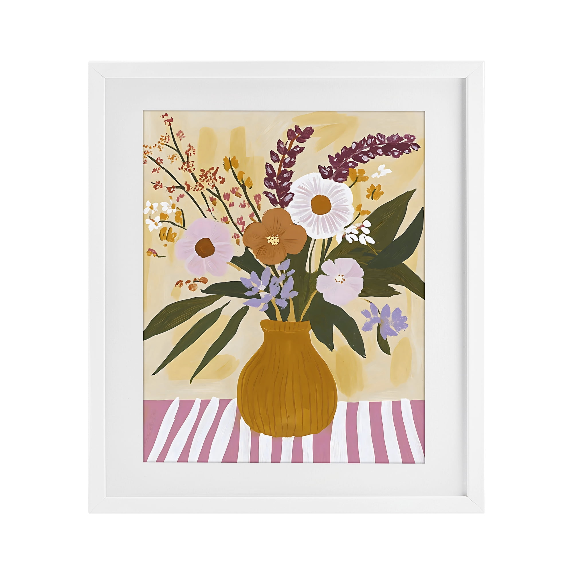 Stupell Industries Boho Flowers on Pink Stripes White Framed Print Under Glass, design by Creative Studio