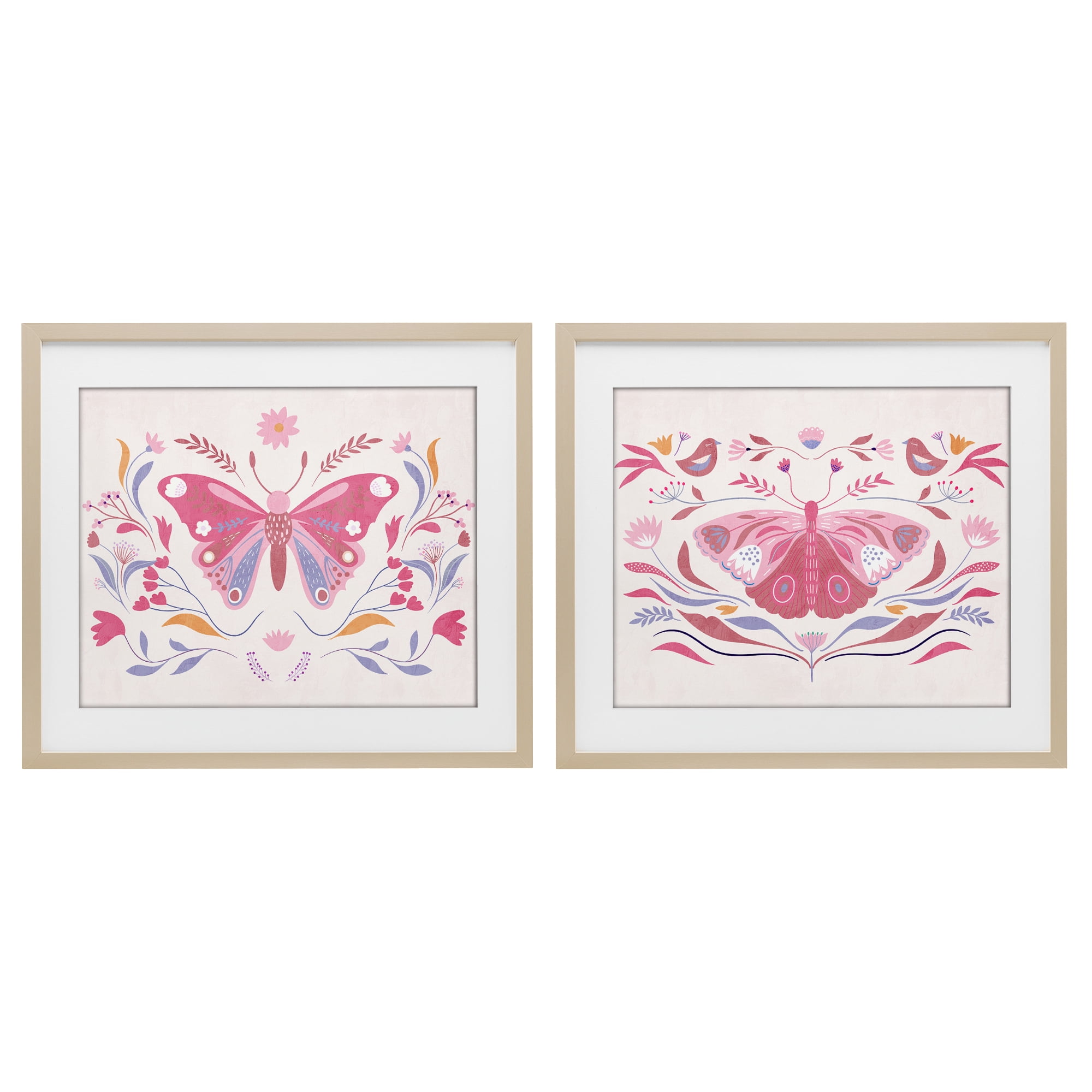 Stupell Industries Boho Folk Butterflies 2 Piece Birch Framed Print Under Glass Set, design by Kim Allen