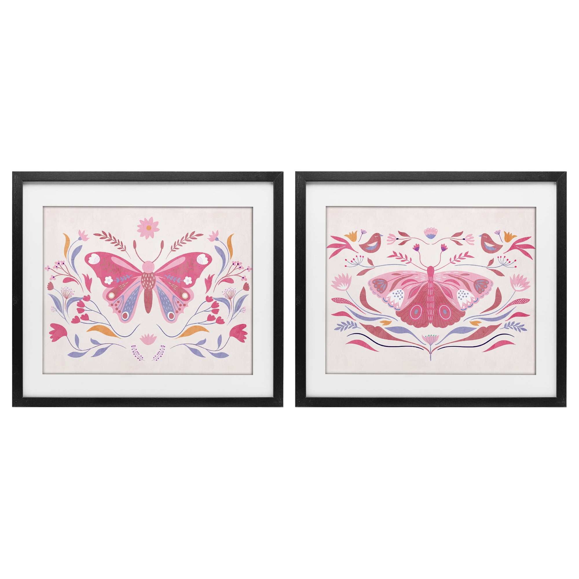 Stupell Industries Boho Folk Butterflies 2 Piece Black Framed Print Under Glass Set, design by Kim Allen