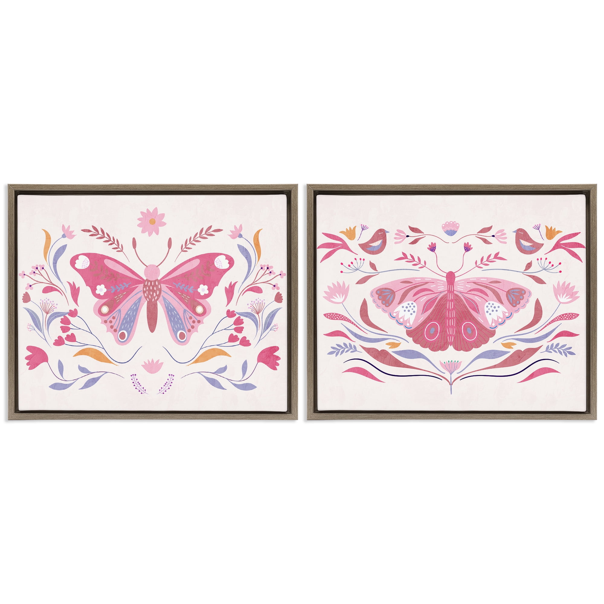 Stupell Industries Boho Folk Butterflies 2 Piece Brown Framed Floater Canvas Set, design by Kim Allen