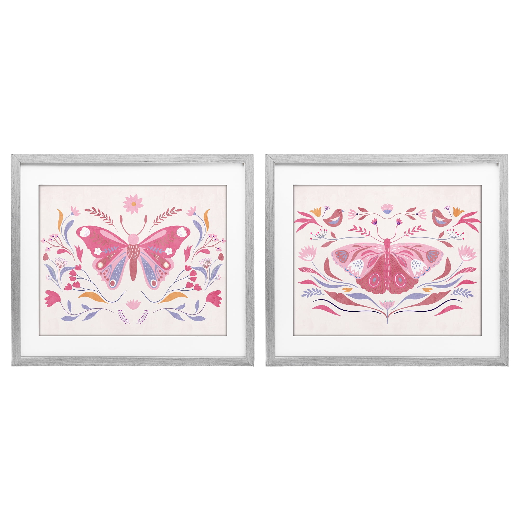 Stupell Industries Boho Folk Butterflies 2 Piece Gray Framed Print Under Glass Set, design by Kim Allen