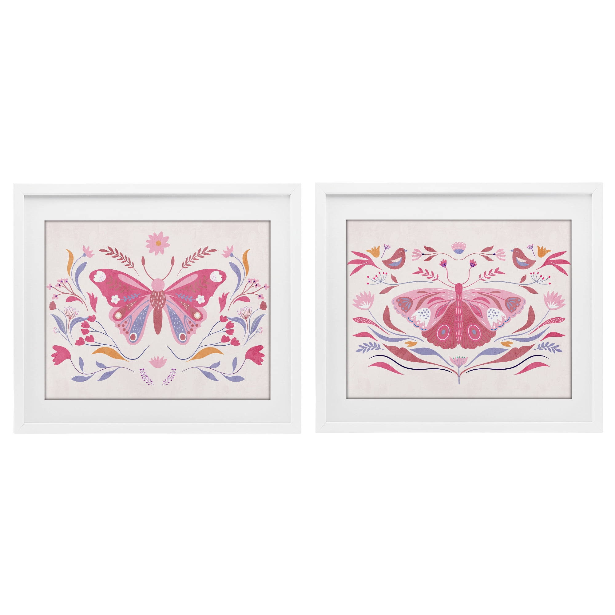 Stupell Industries Boho Folk Butterflies 2 Piece White Framed Print Under Glass Set, design by Kim Allen