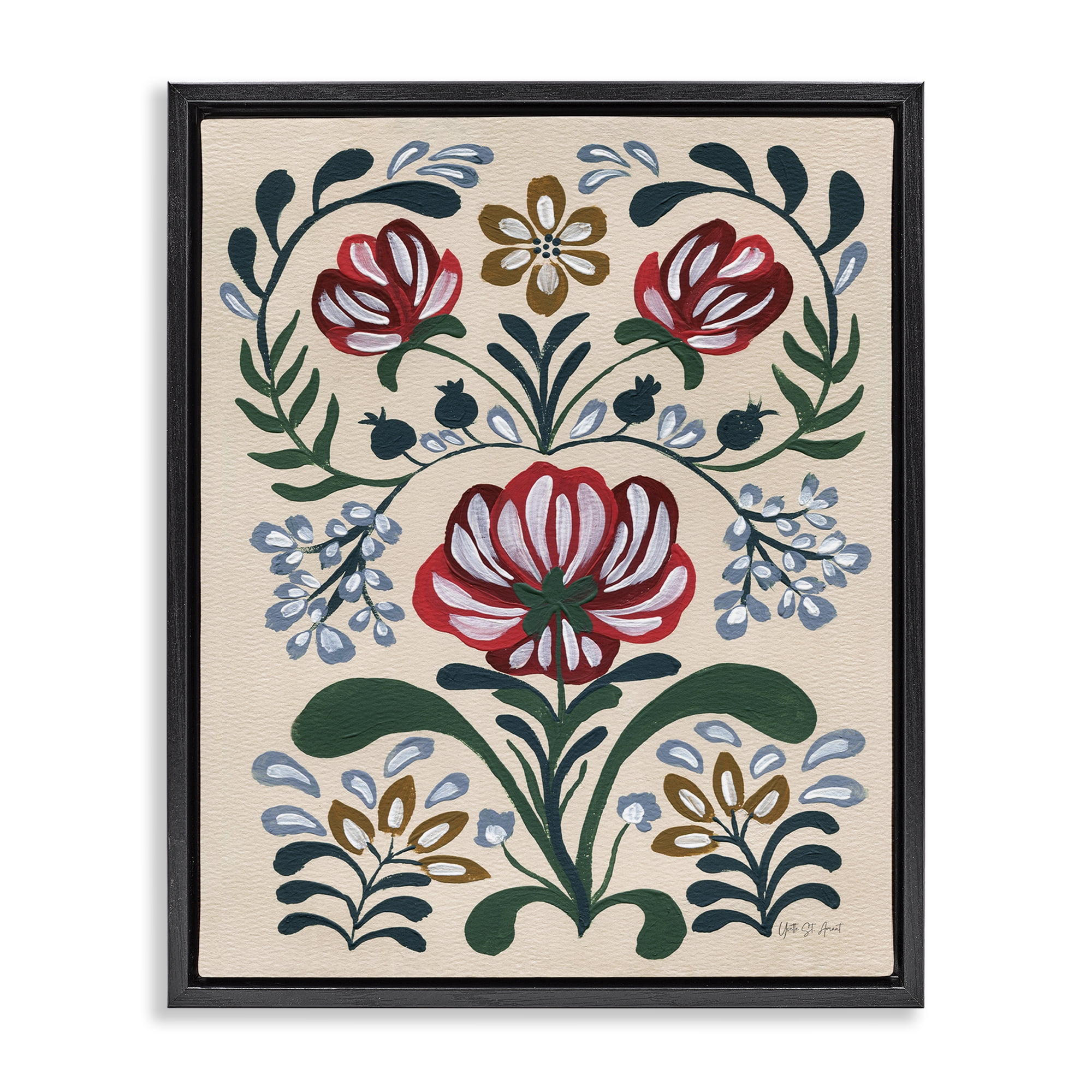 Stupell Industries Boho Folk Florals Botanical & Floral Painting Black Floater Framed Art Print Wall Art, 25 x 31