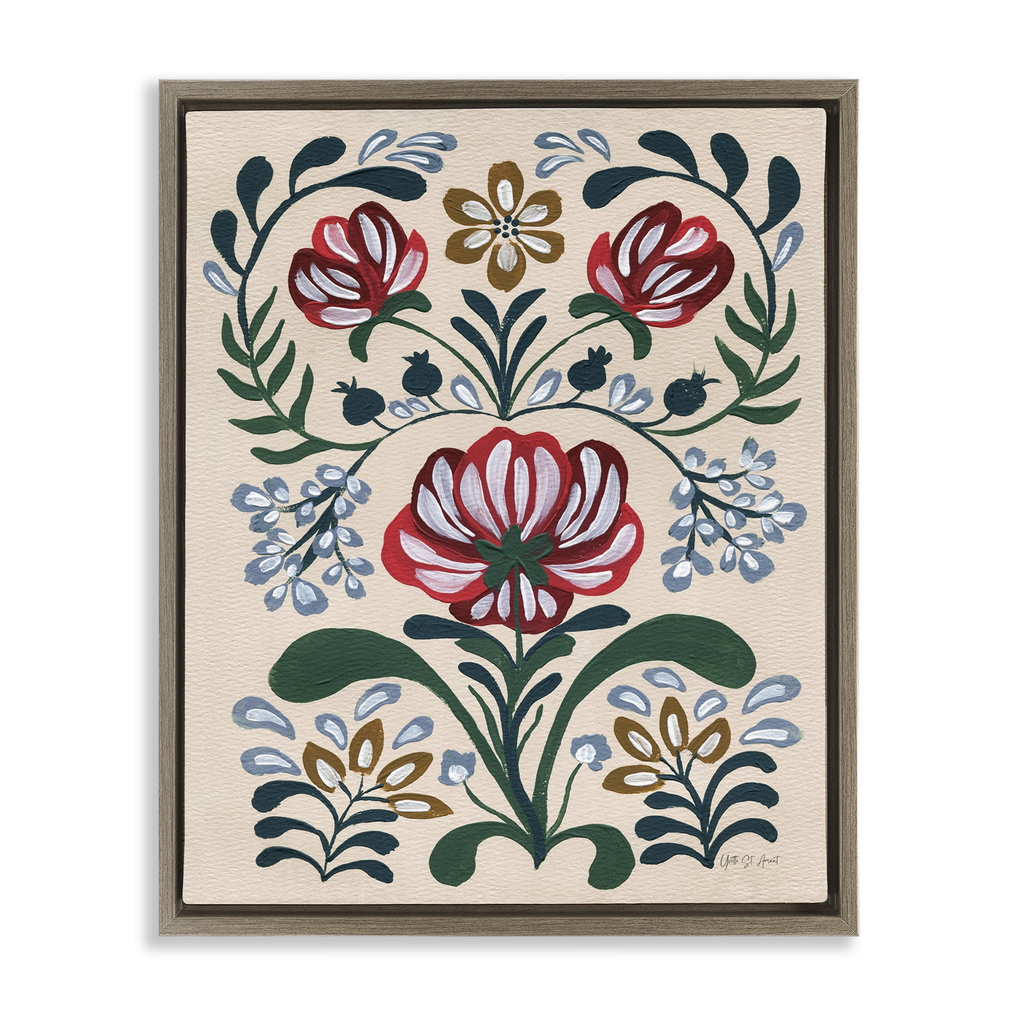 Stupell Industries Boho Folk Florals Botanical & Floral Painting Brown Floater Framed Art Print Wall Art, 17 x 21