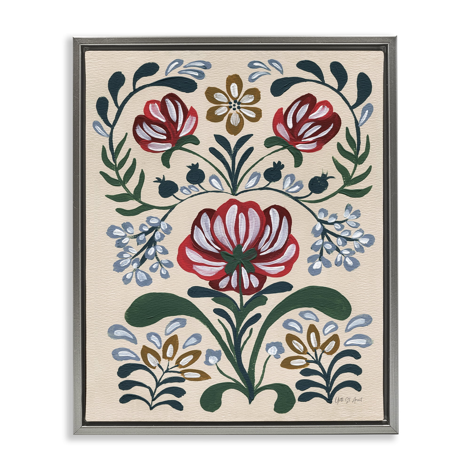 Stupell Industries Boho Folk Florals Botanical & Floral Painting Gray Floater Framed Art Print Wall Art, 17 x 21