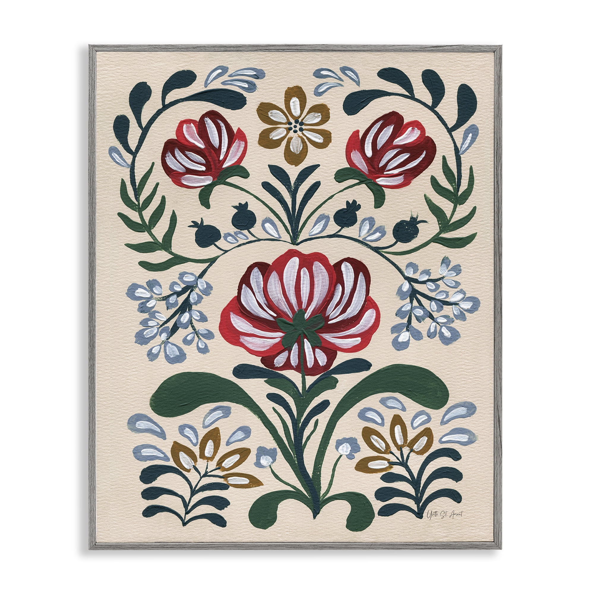 Stupell Industries Boho Folk Florals Botanical & Floral Painting Gray Framed Art Print Wall Art, 11 x 14