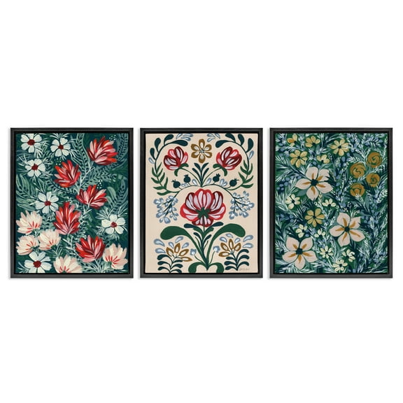 Stupell Industries Boho Folksy Florals Plants & Flowers Painting Black Floater Framed Canvas Art Print Wall Art, 17 x 21, Set of 3