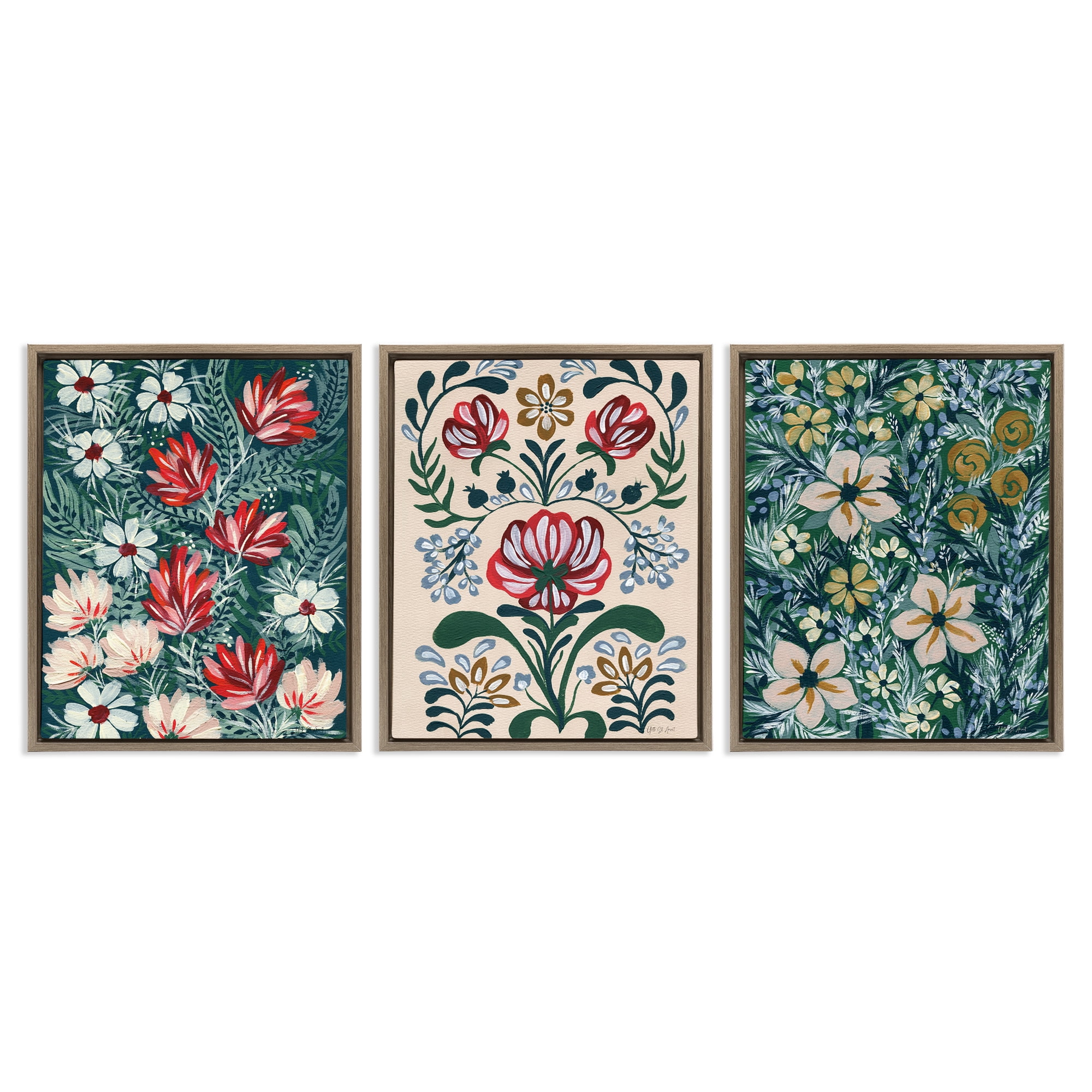 Stupell Industries Boho Folksy Florals Plants & Flowers Painting Brown Floater Framed Canvas Art Print Wall Art, 17 x 21, Set of 3