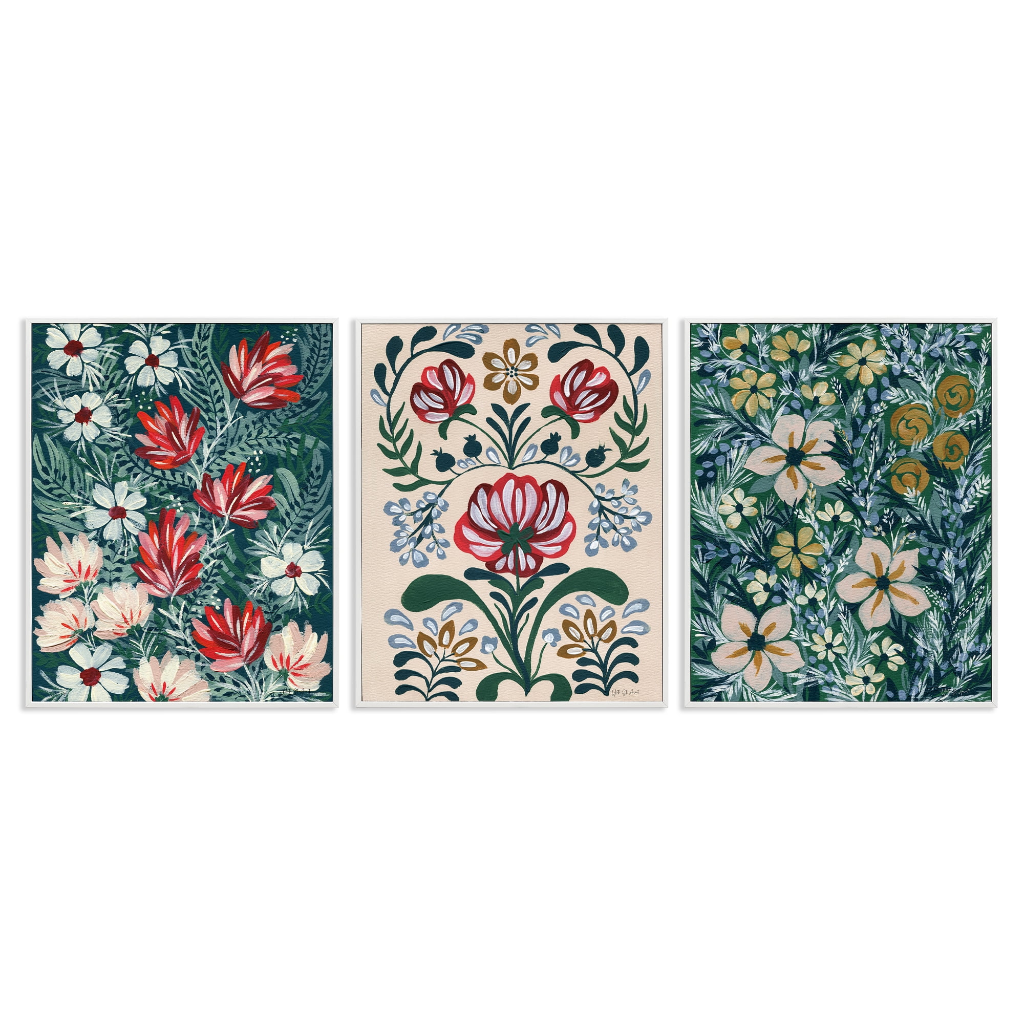 Stupell Industries Boho Folksy Florals Plants & Flowers Painting White Framed Art Print Wall Art, 16 x 20, Set of 3