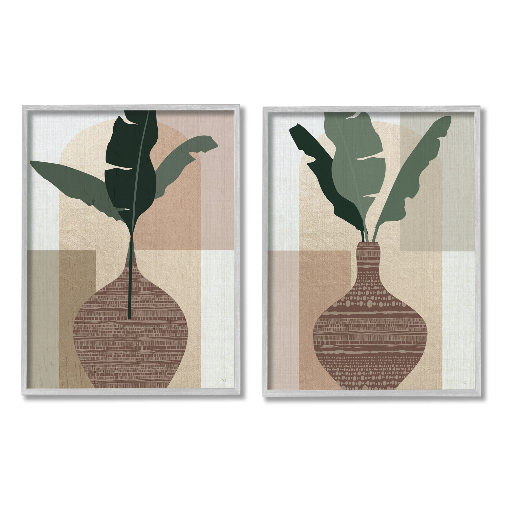 Stupell Industries Boho Geometric Plant Vases Botanical & Floral Painting Gray Framed Art Print Wall Art, 24 x 30, Set of 2