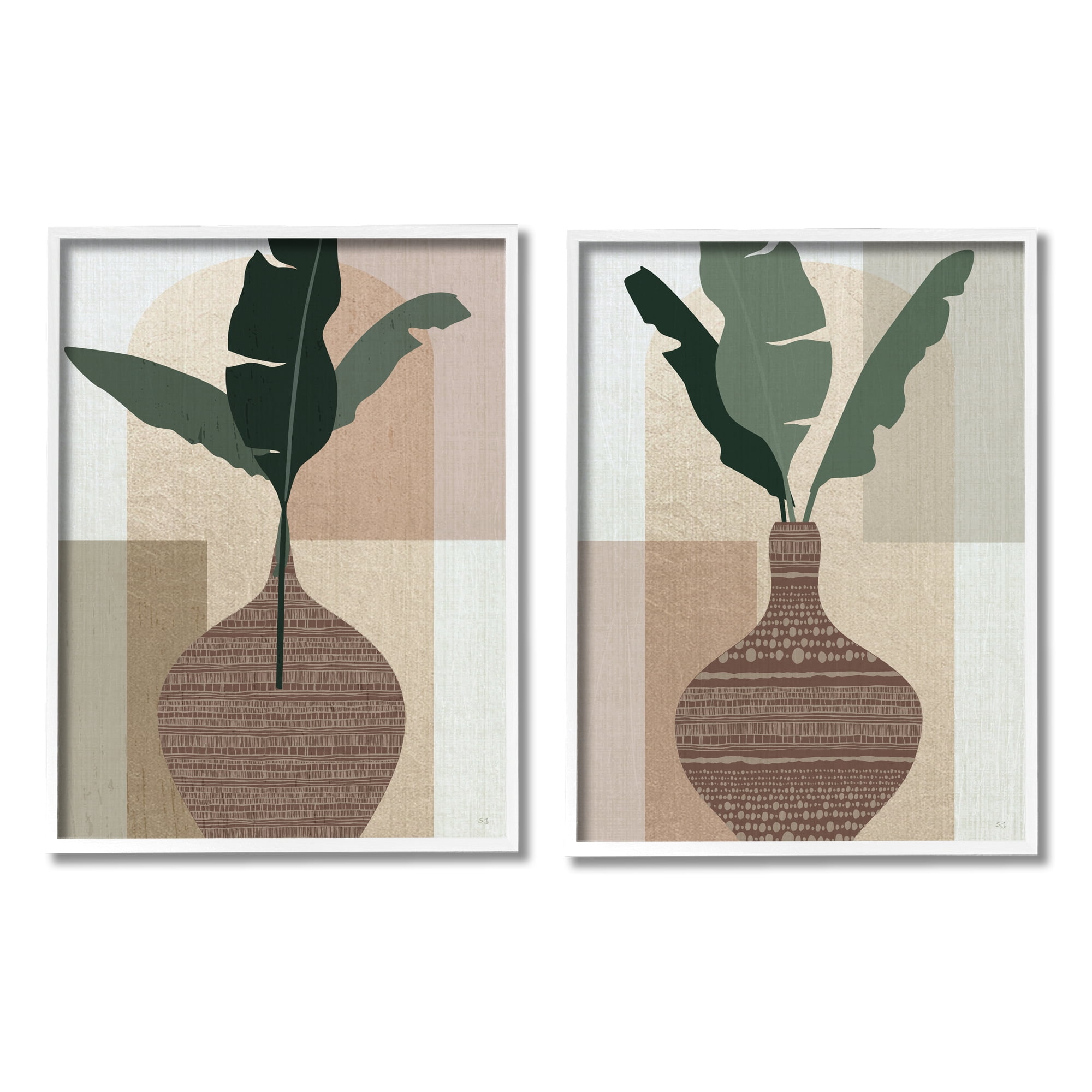 Stupell Industries Boho Geometric Plant Vases Botanical & Floral Painting White Framed Art Print Wall Art, 16 x 20, Set of 2