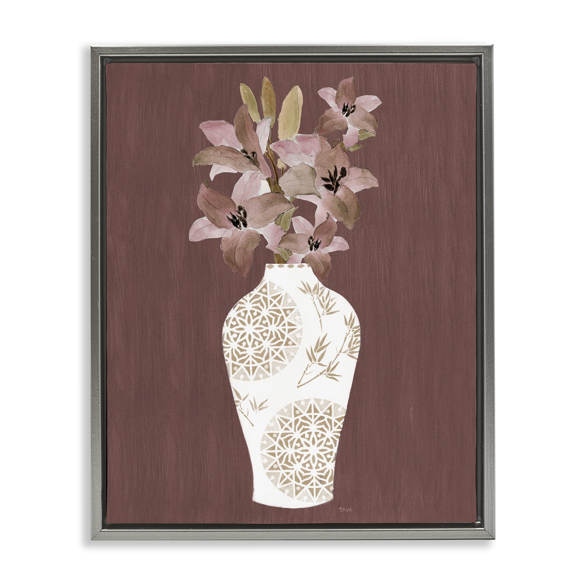 Stupell Industries Boho Geometric Vase Plants & Flowers Painting Gray Floater Framed Canvas Art Print Wall Art, 17 x 21