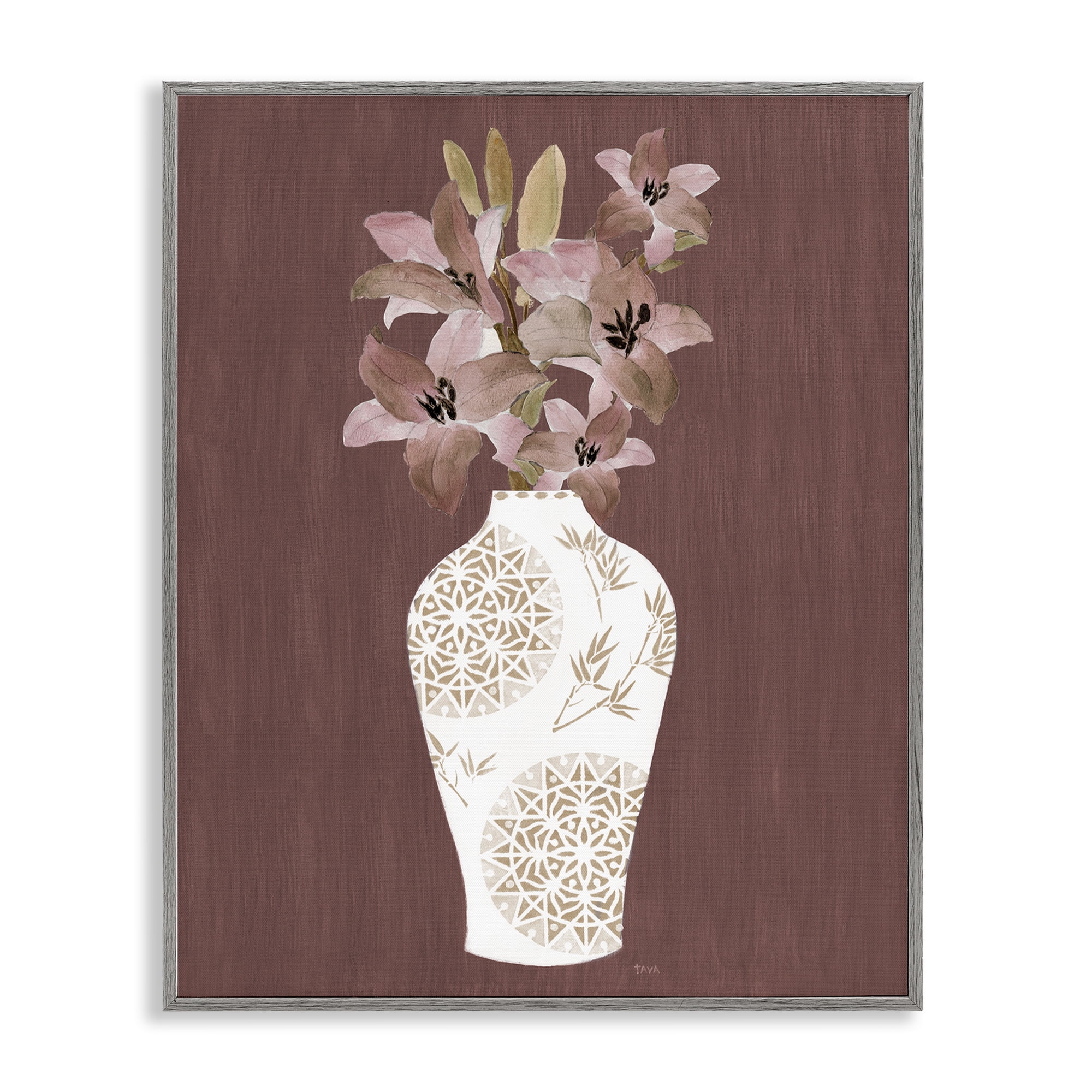 Stupell Industries Boho Geometric Vase Plants & Flowers Painting Gray Framed Art Print Wall Art, 16 x 20