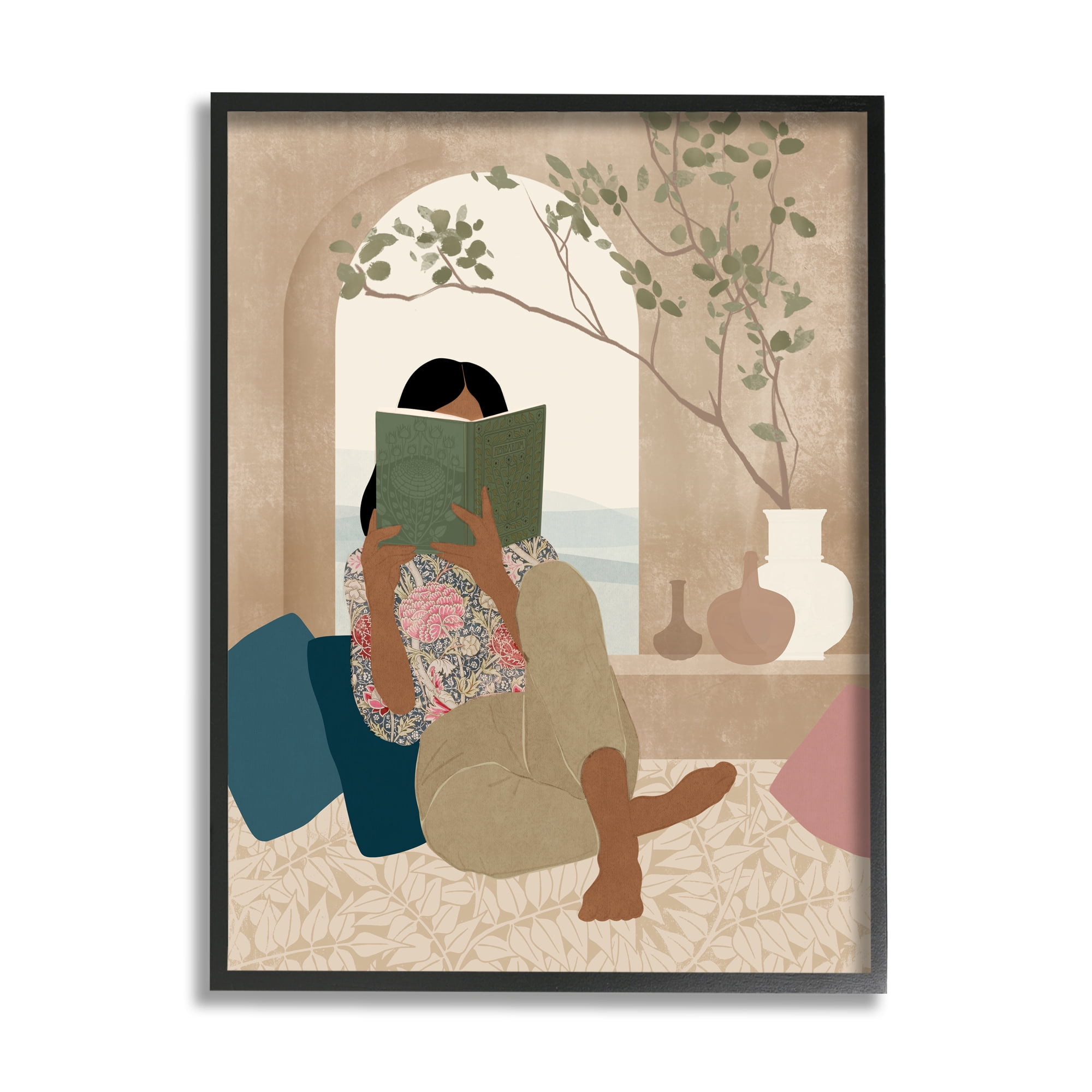 Stupell Industries Boho Girl Reading Book Botanical & Floral Painting Black Framed Art Print Wall Art, 16 x 20