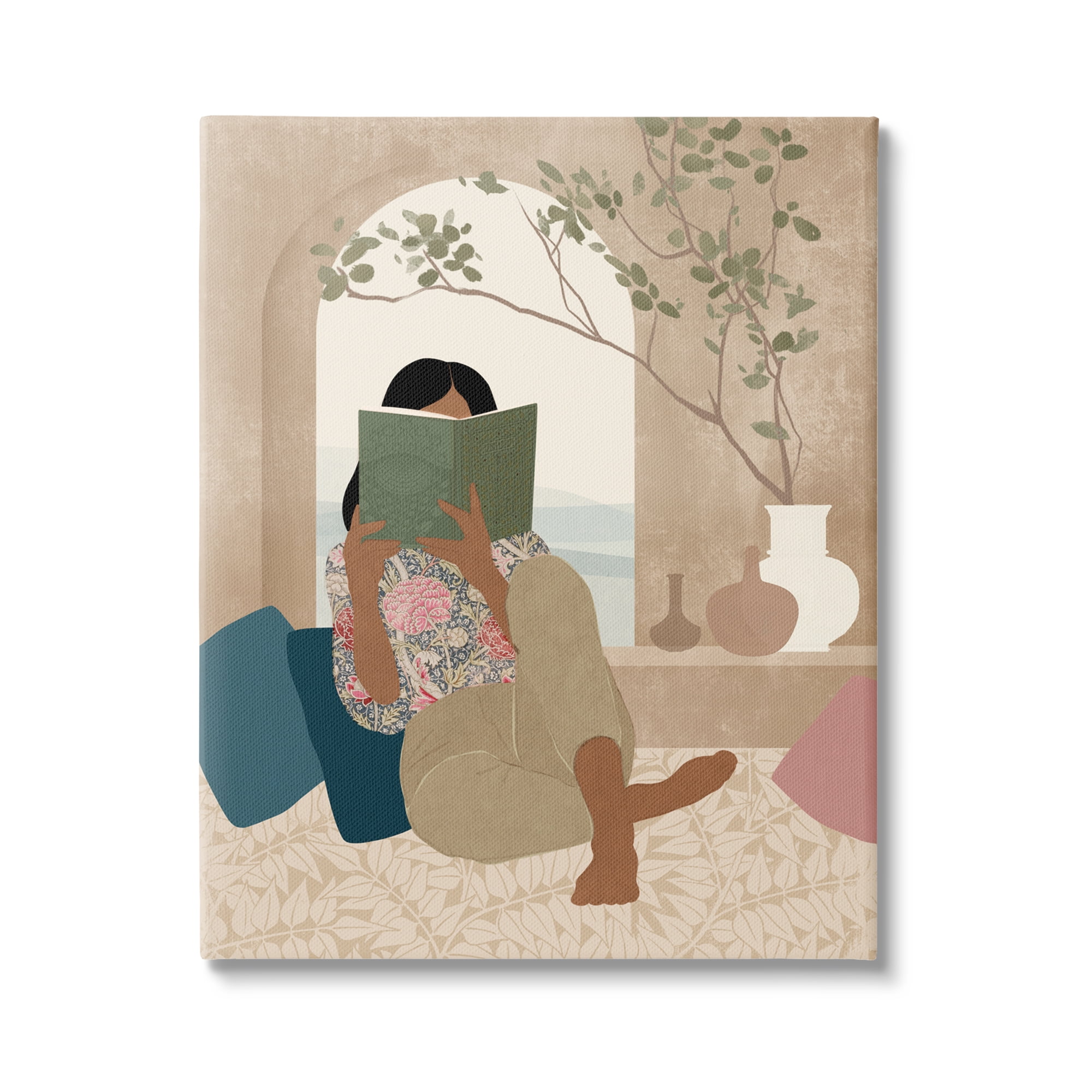 Stupell Industries Boho Girl Reading Book Botanical & Floral Painting Gallery Wrapped Canvas Print Wall Art, 30 x 40