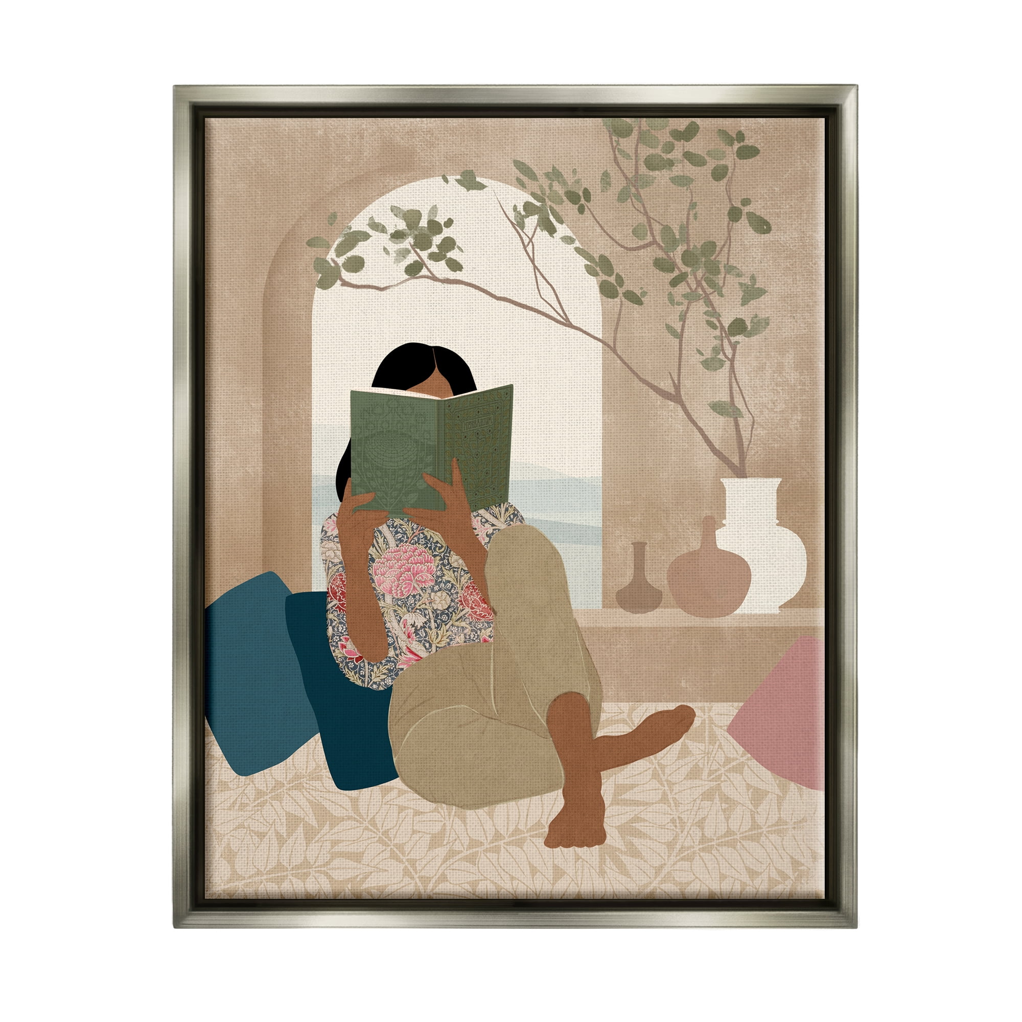 Stupell Industries Boho Girl Reading Book Botanical & Floral Painting Gray Floater Framed Art Print Wall Art, 25 x 31