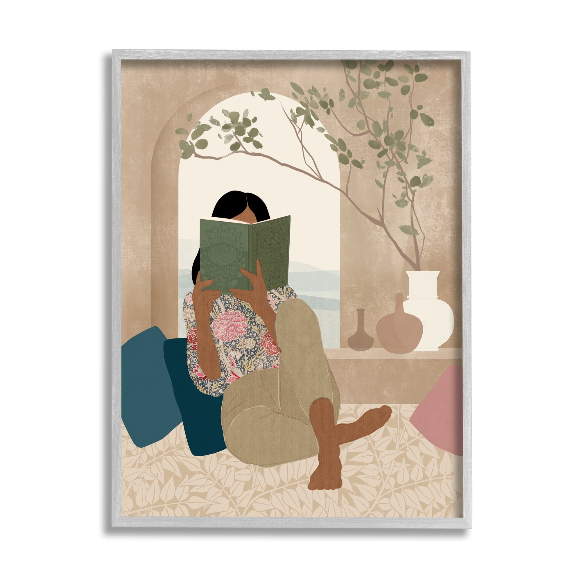 Stupell Industries Boho Girl Reading Book Botanical & Floral Painting Gray Framed Art Print Wall Art, 11 x 14