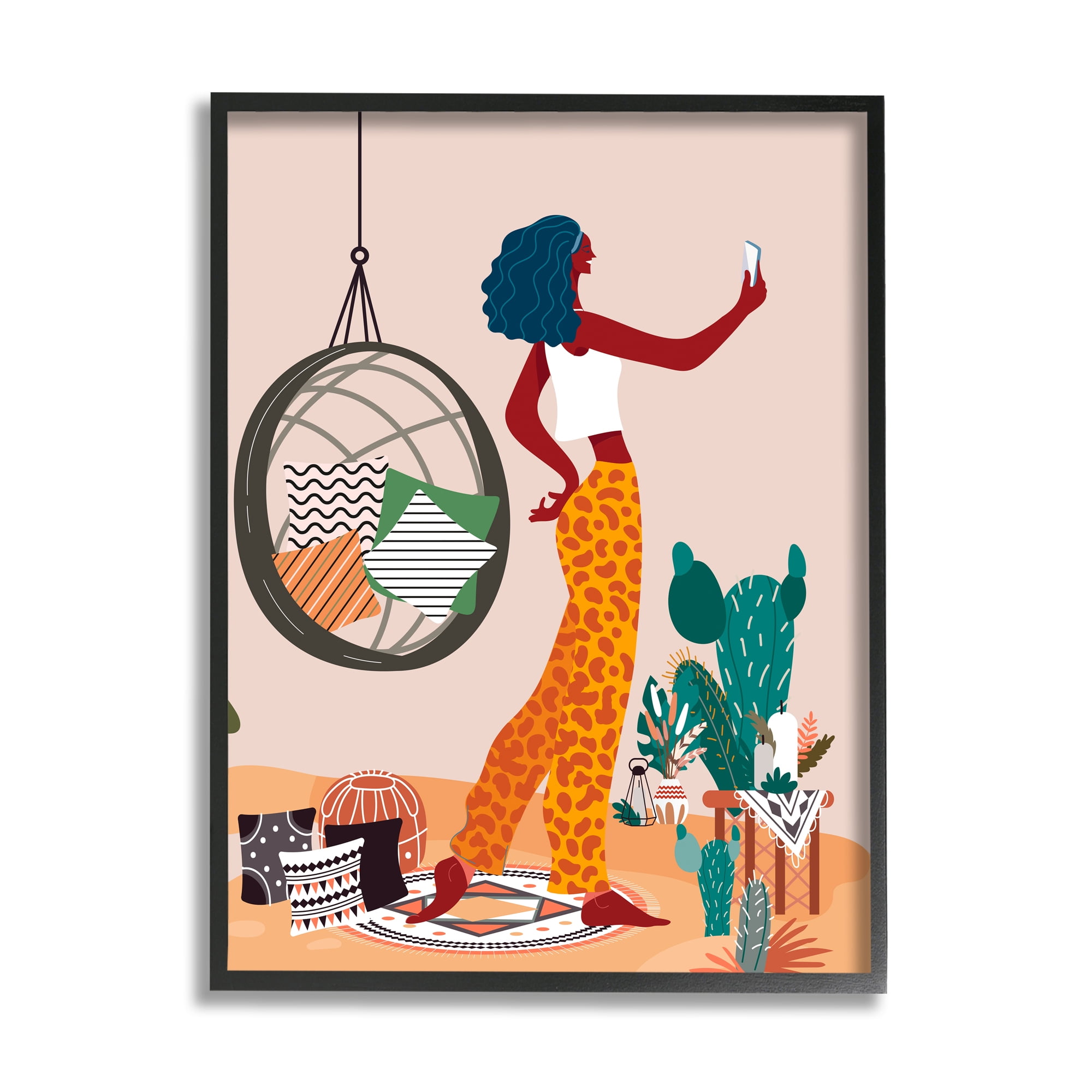 Stupell Industries Boho Girl with Plants Botanical & Floral Painting Black Framed Art Print Wall Art, 11 x 14