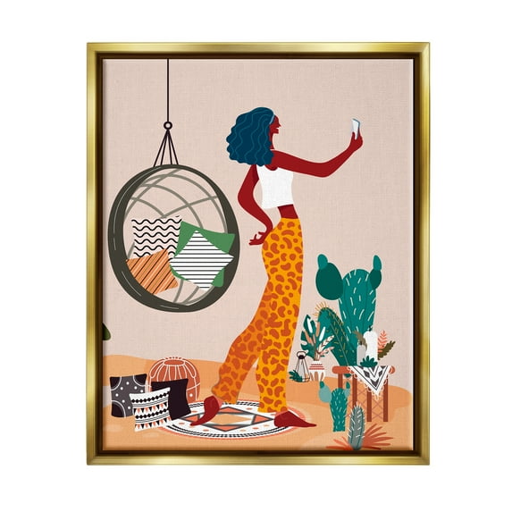 Stupell Industries Boho Girl with Plants Botanical & Floral Painting Gold Floater Framed Art Print Wall Art, 17 x 21