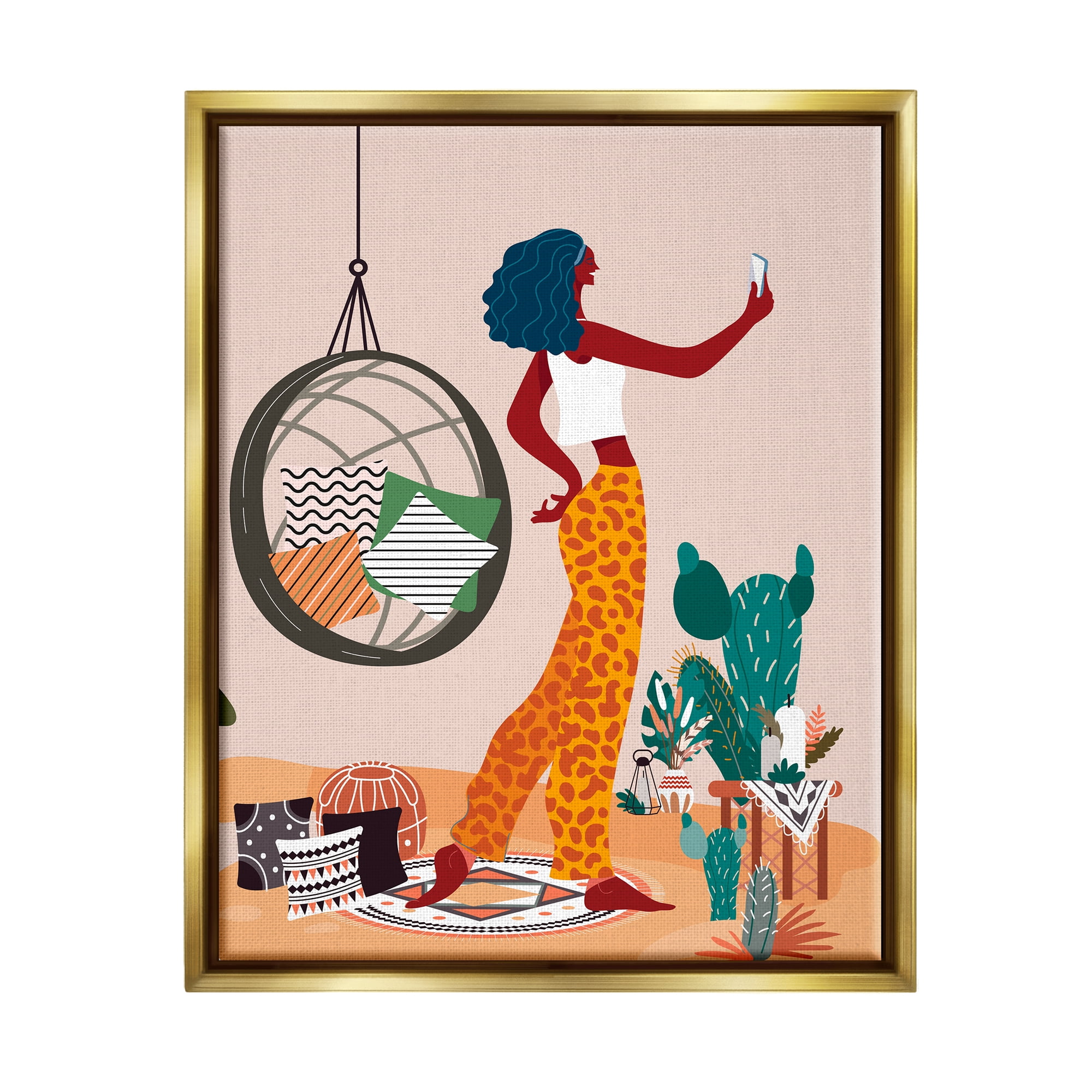 Stupell Industries Boho Girl with Plants Botanical & Floral Painting Gold Floater Framed Art Print Wall Art, 25 x 31