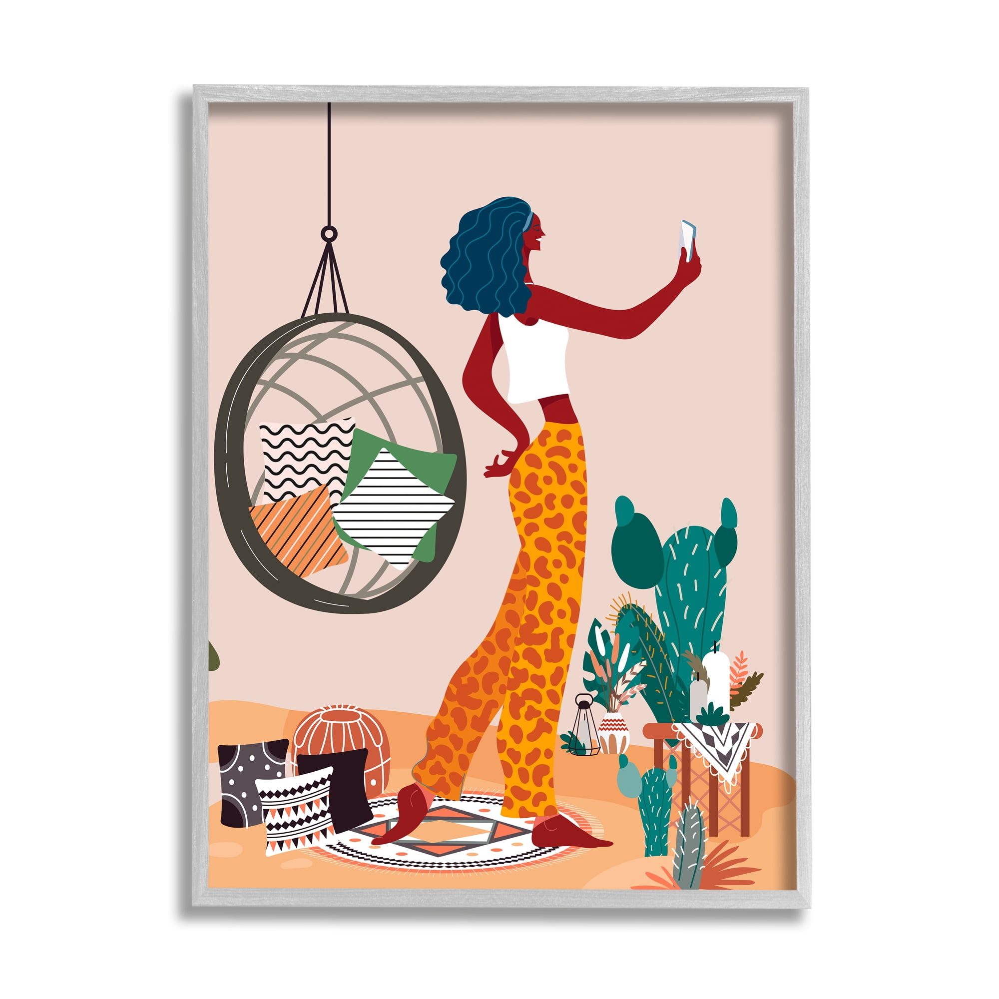 Stupell Industries Boho Girl with Plants Botanical & Floral Painting Gray Framed Art Print Wall Art, 24 x 30