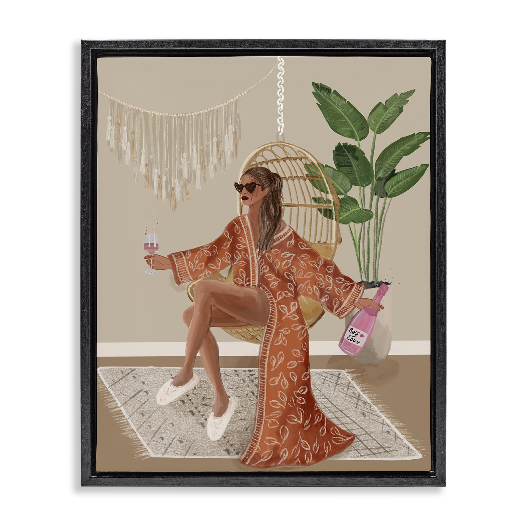 Stupell Industries Boho Glam Girl Novelty Painting Black Floater Framed Art Print Wall Art, 25 x 31
