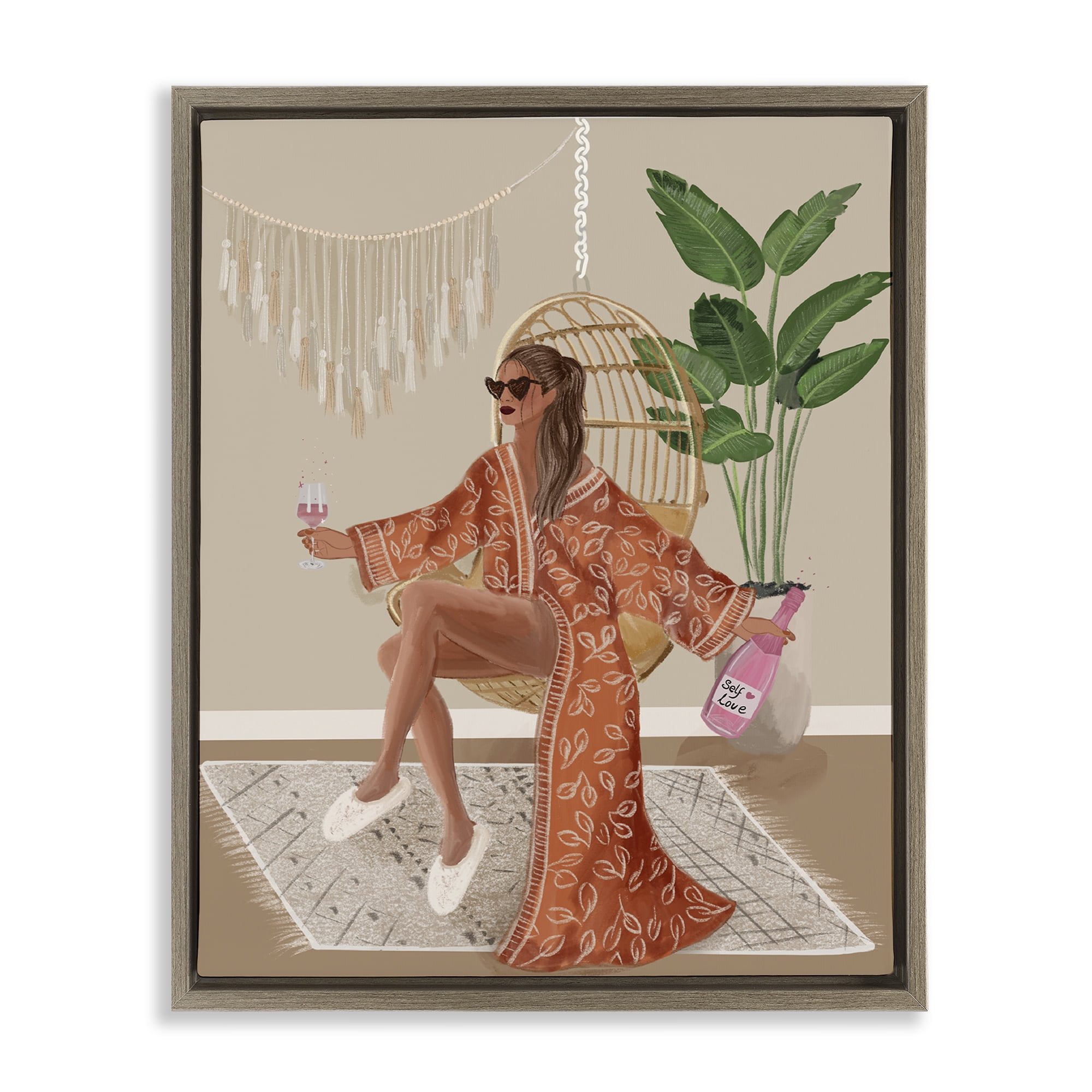 Stupell Industries Boho Glam Girl Novelty Painting Brown Floater Framed Art Print Wall Art, 25 x 31