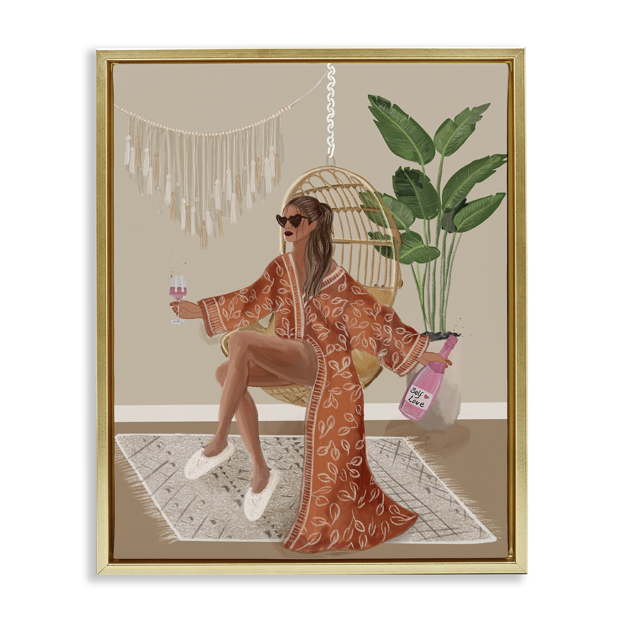 Stupell Industries Boho Glam Girl Novelty Painting Gold Floater Framed Art Print Wall Art, 17 x 21