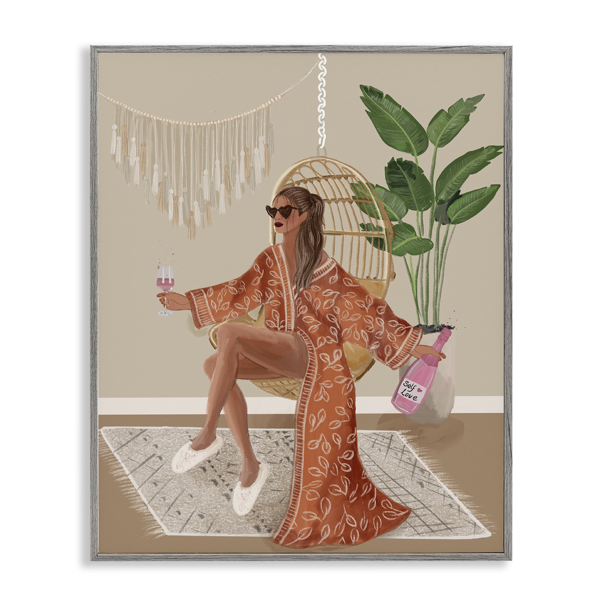 Stupell Industries Boho Glam Girl Novelty Painting Gray Framed Art Print Wall Art, 24 x 30