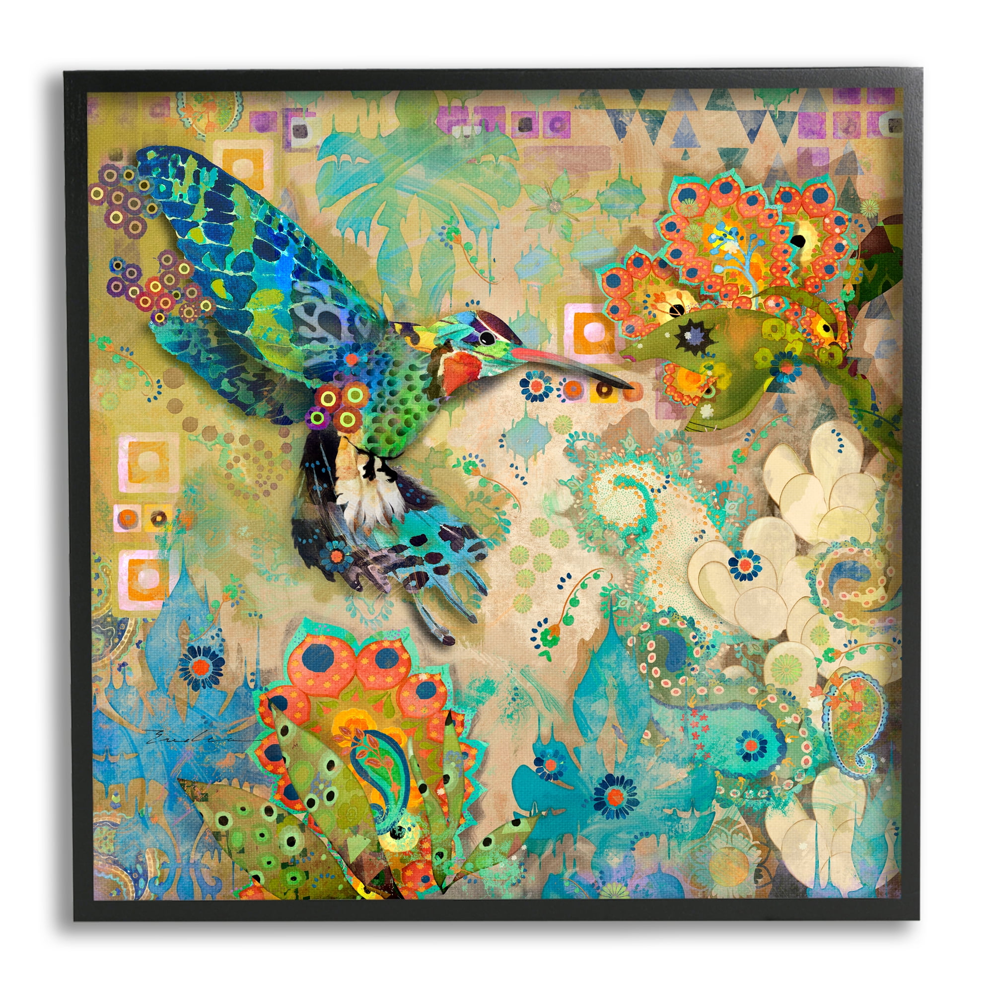 Stupell Industries Boho Hummingbird Pattern Animals & Insects Painting Black Framed Art Print Wall Art, 12 x 12