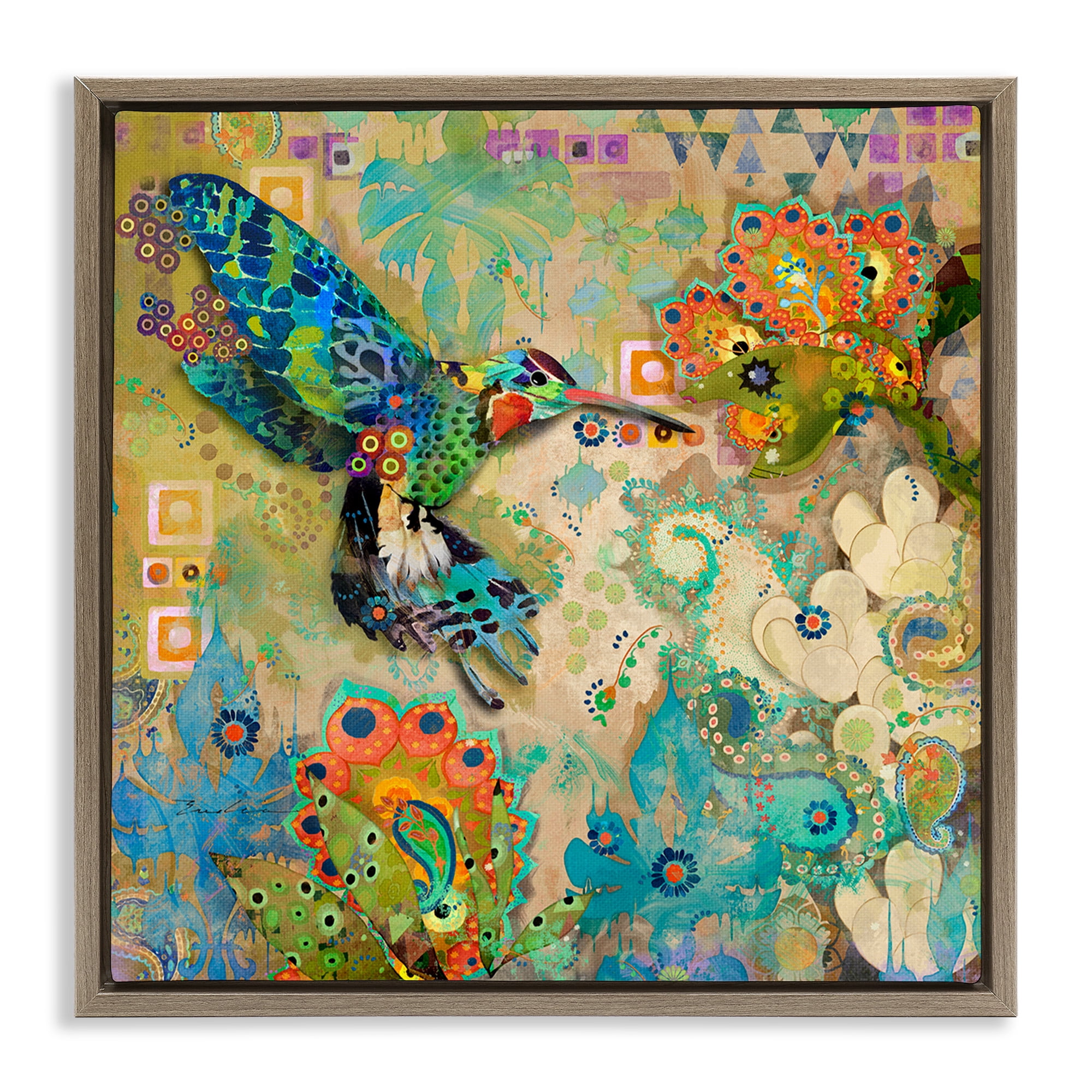 Stupell Industries Boho Hummingbird Pattern Animals & Insects Painting Brown Floater Framed Canvas Art Print Wall Art, 25 x 25