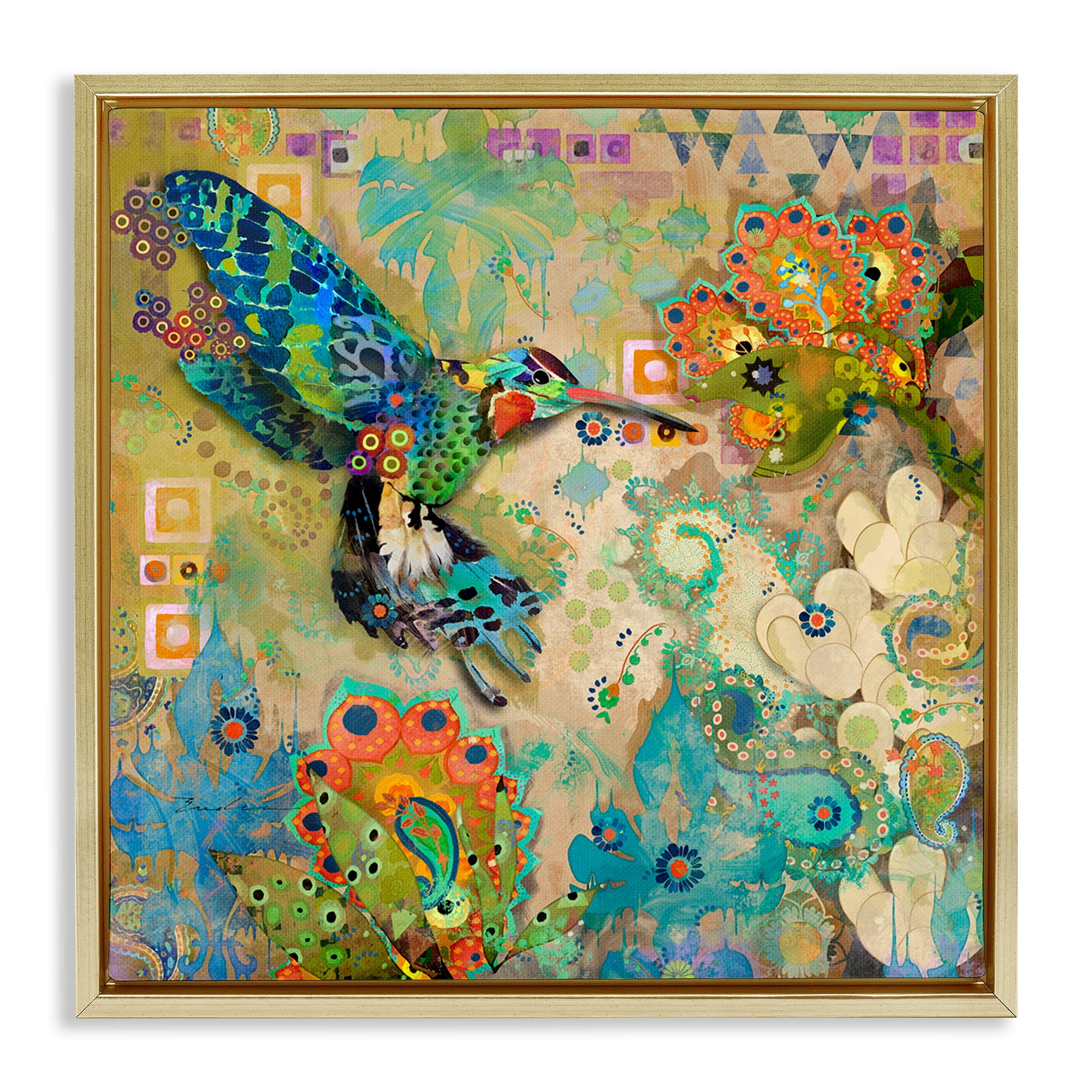 Stupell Industries Boho Hummingbird Pattern Animals & Insects Painting Gold Floater Framed Canvas Art Print Wall Art, 25 x 25