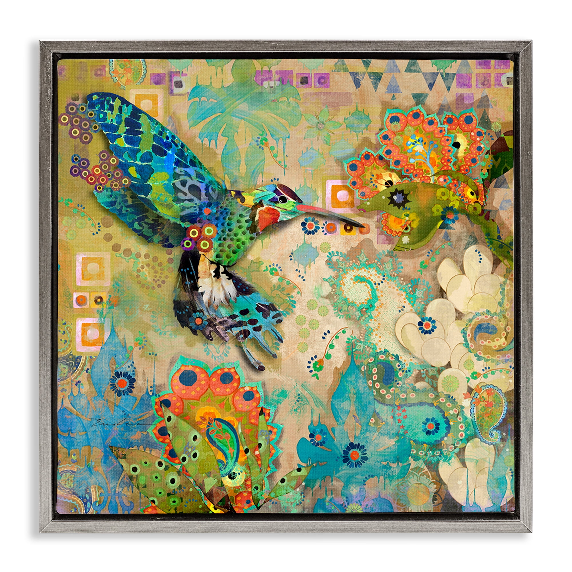 Stupell Industries Boho Hummingbird Pattern Animals & Insects Painting Gray Floater Framed Canvas Art Print Wall Art, 25 x 25