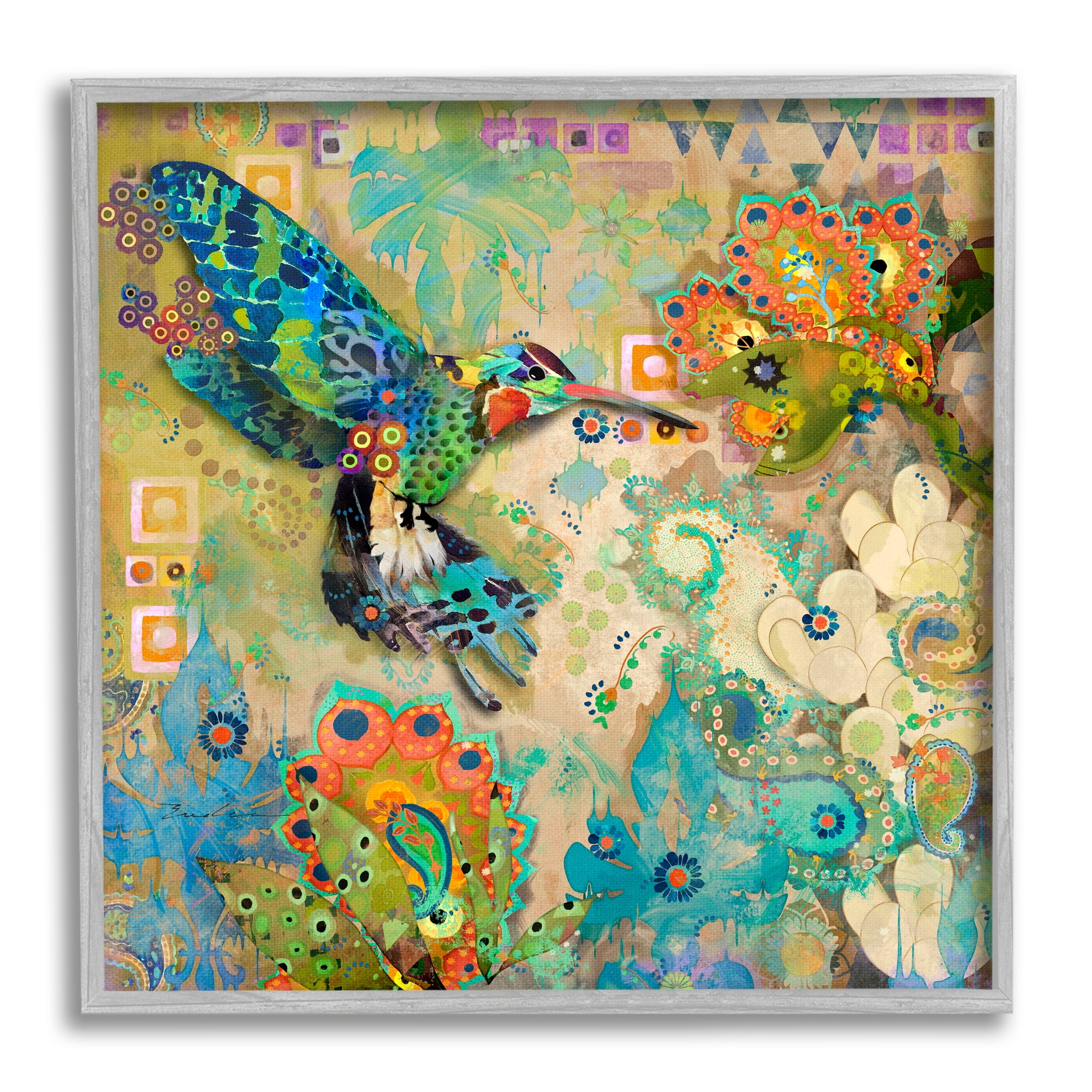 Stupell Industries Boho Hummingbird Pattern Animals & Insects Painting Gray Framed Art Print Wall Art, 17 x 17