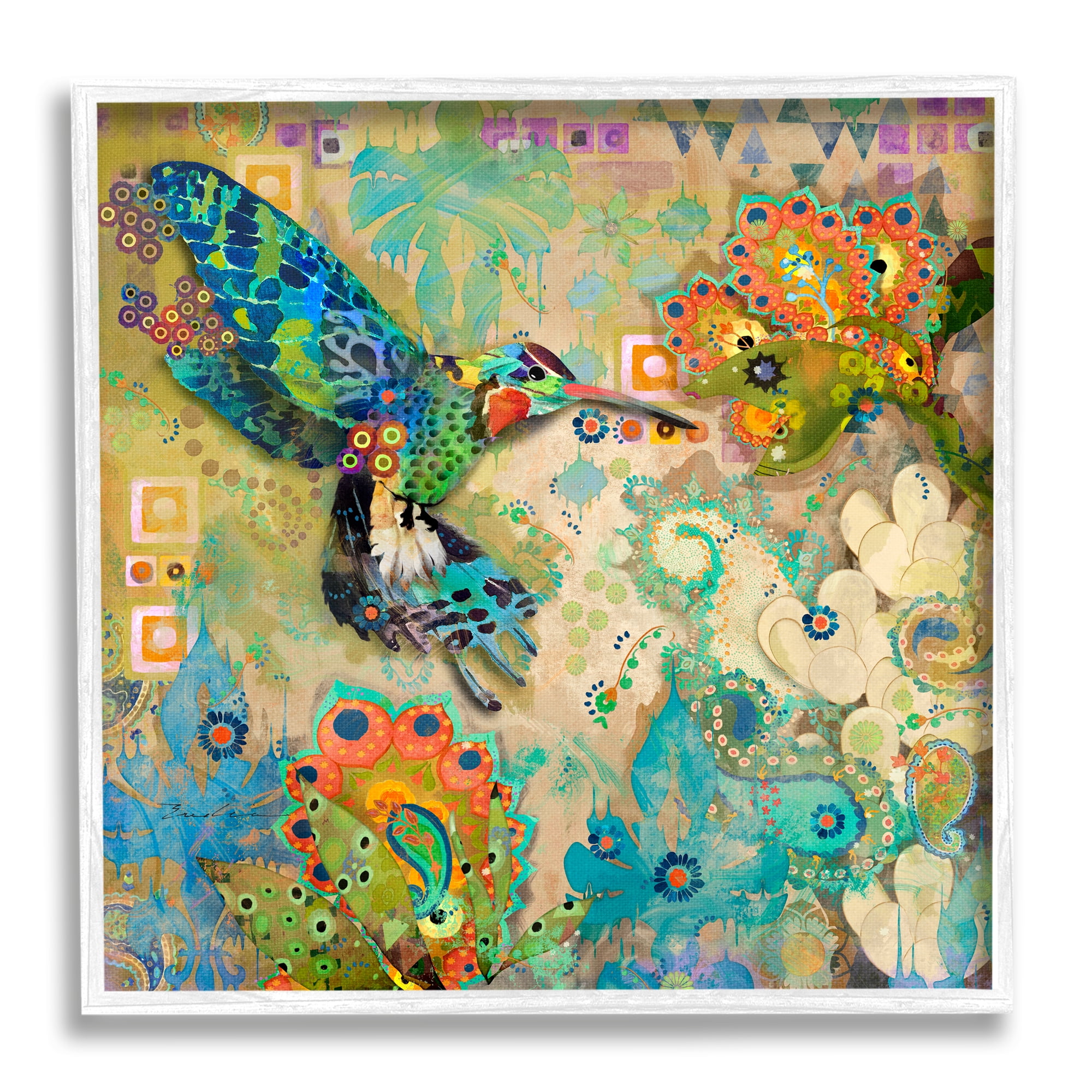 Boho Hummingbird Pattern Multicolor Canvas Print with White Frame