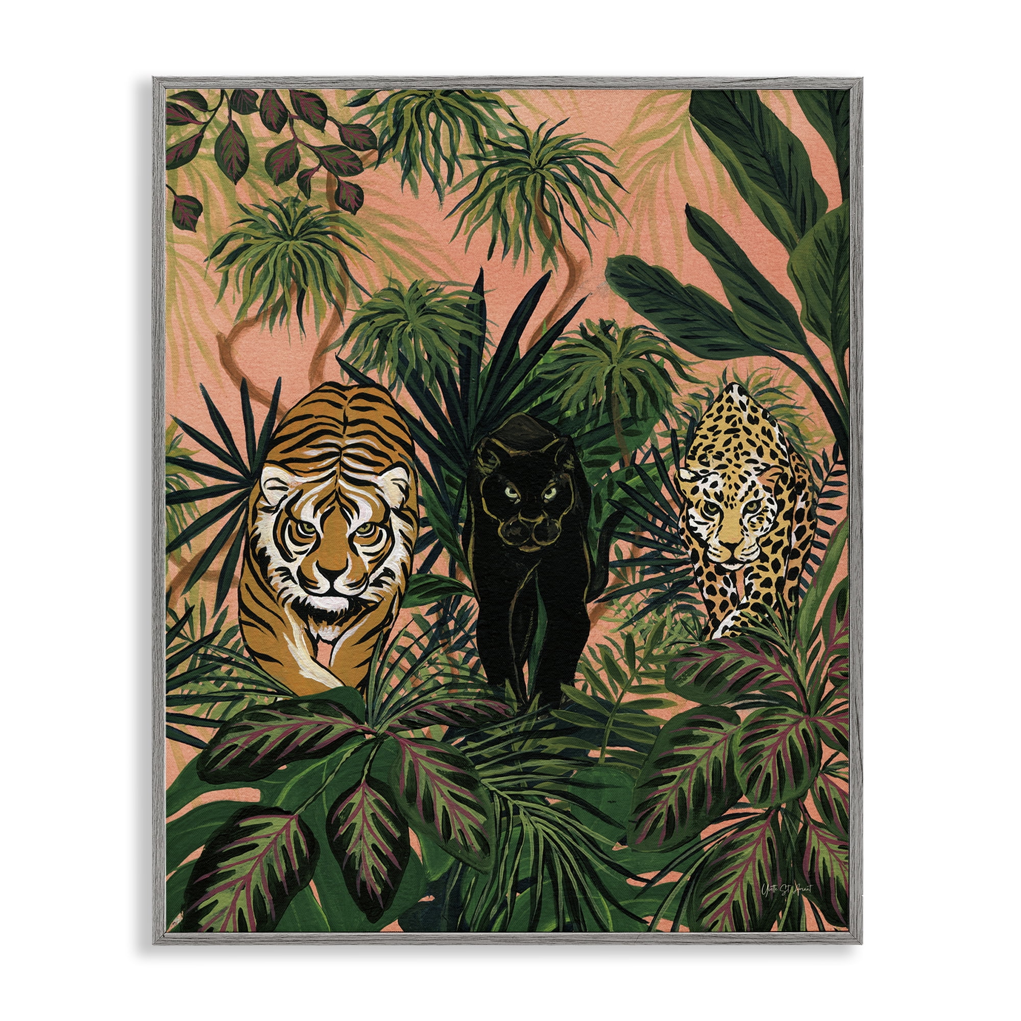 Stupell Industries Boho Jungle Prowlers Animals Painting Gray Framed Art Print Wall Art, 16 x 20