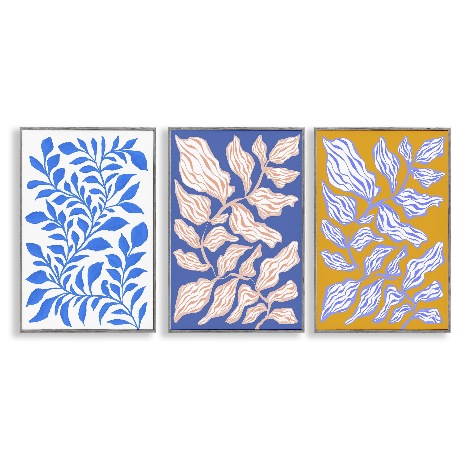 Stupell Industries Boho Leaf Patterns Plants & Flowers Painting Gray Framed Art Print Wall Art, 12 x 18, Set of 3