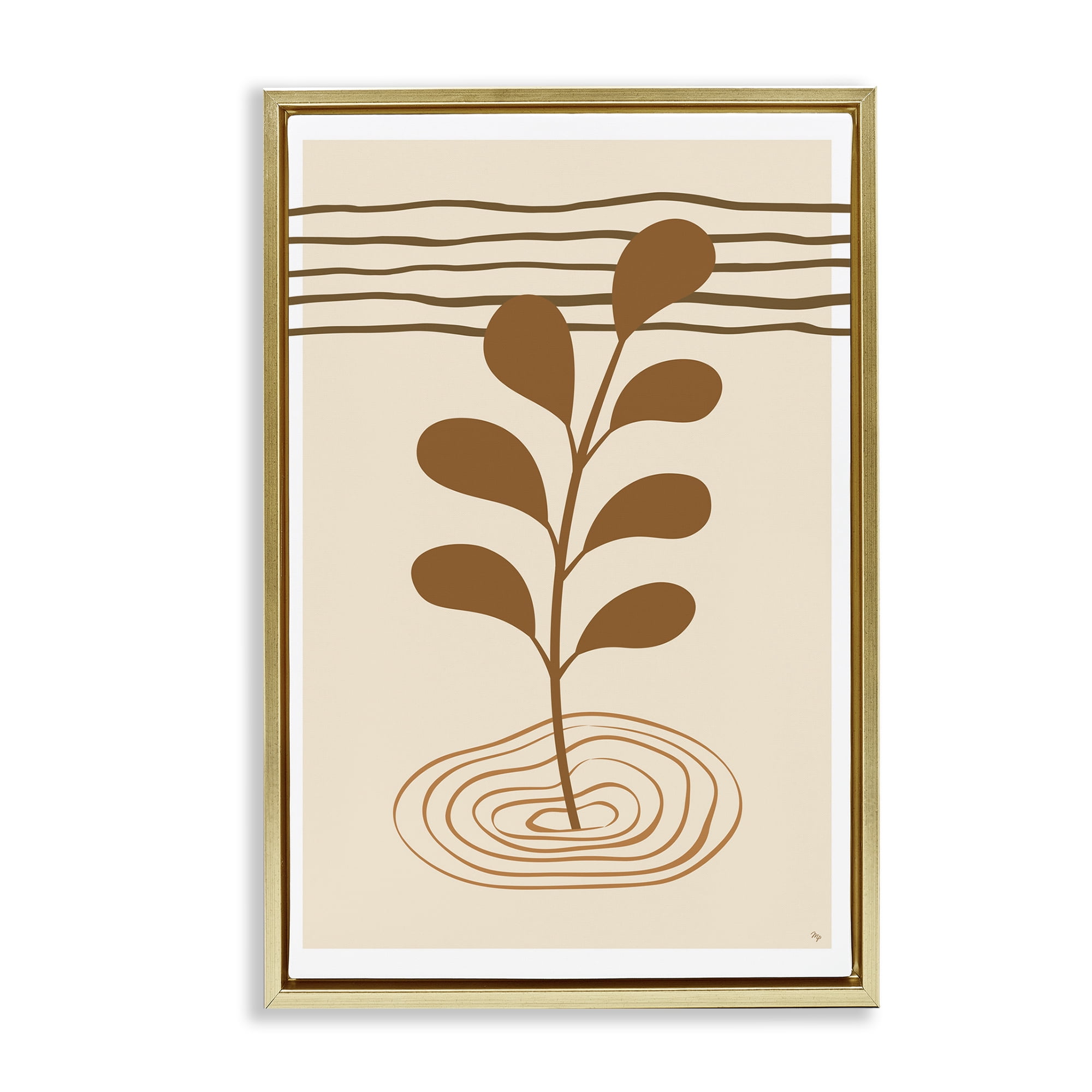 Stupell Industries Boho Leaf Sprig Botanical & Floral Painting Gold Floater Framed Canvas Art Print Wall Art, 21 x 31