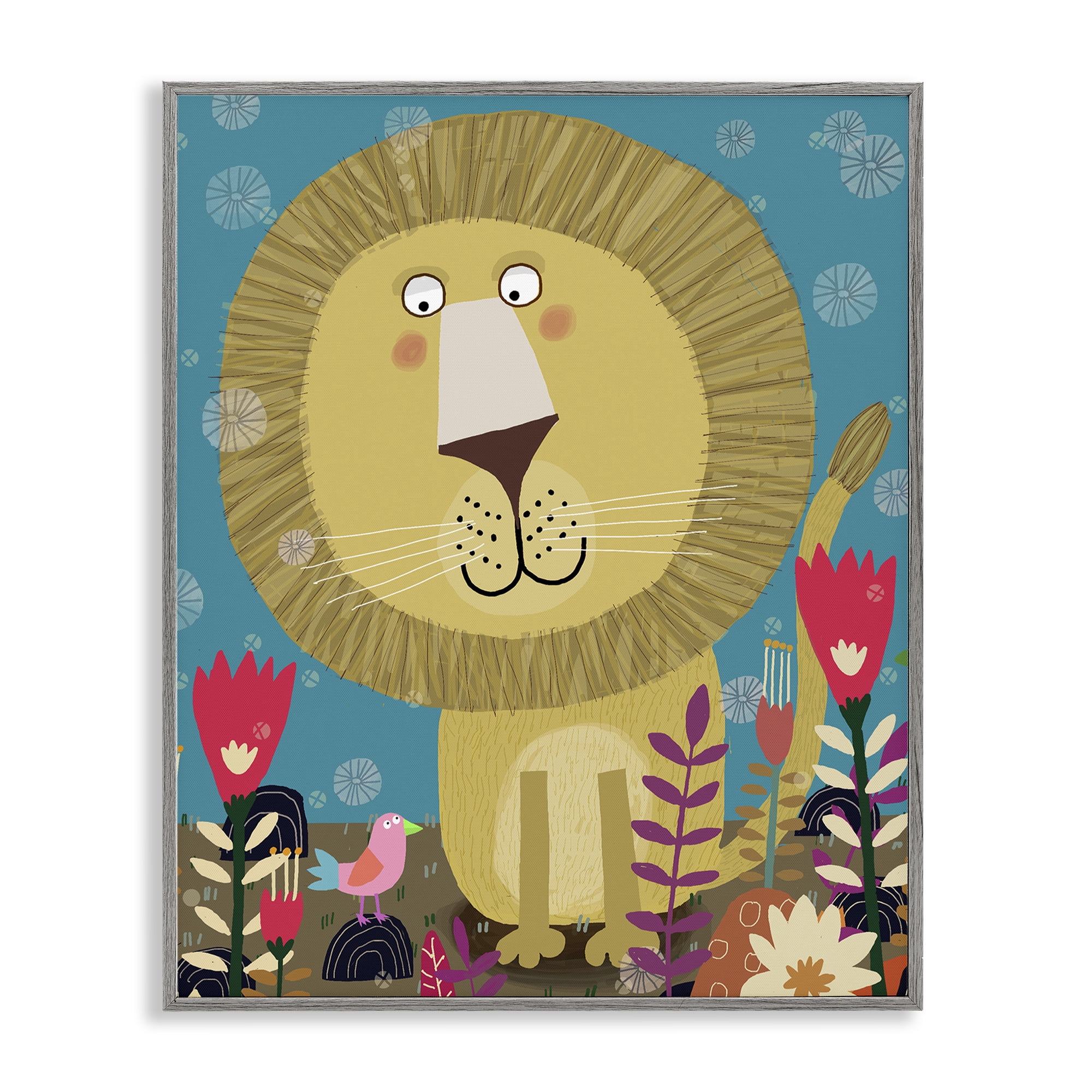 Stupell Industries Boho Lion & Flowers Gray Framed Giclee Art, design by Carla Daly