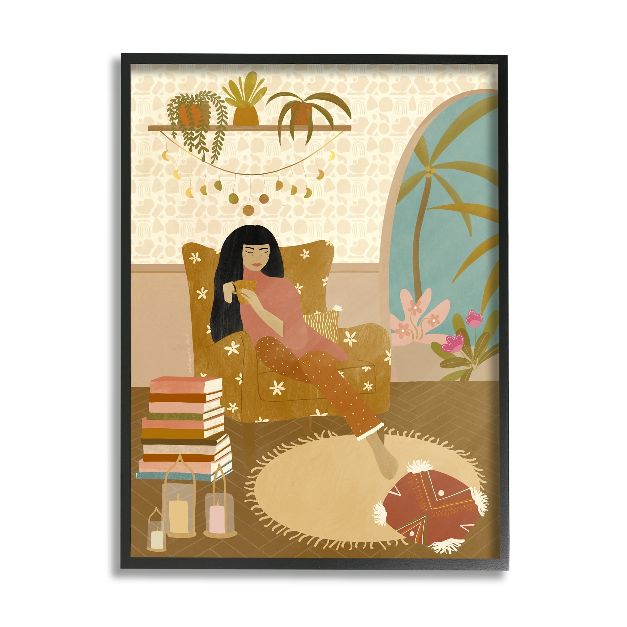 Stupell Industries Boho Living Room Portrait Woman Coffee Chair Graphic Art Black Framed Art Print Wall Art, 11x14, by Birch&Ink