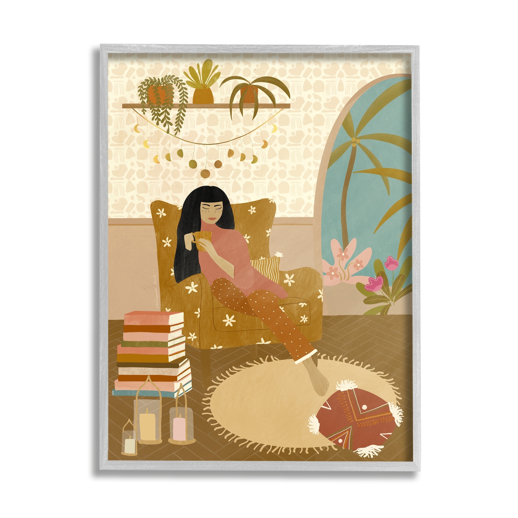 Stupell Industries Boho Living Room Portrait Woman Coffee Chair Graphic Art Gray Framed Art Print Wall Art, 11x14, by Birch&Ink