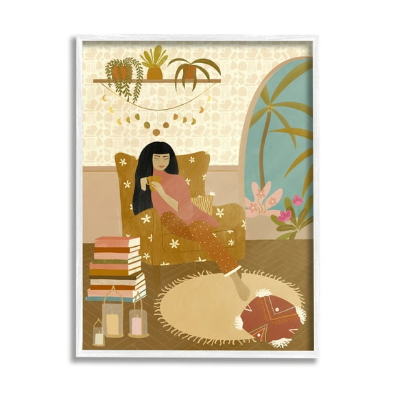Stupell Industries Boho Living Room Portrait Woman Coffee Chair Graphic Art White Framed Art Print Wall Art, 11x14, by Birch&Ink