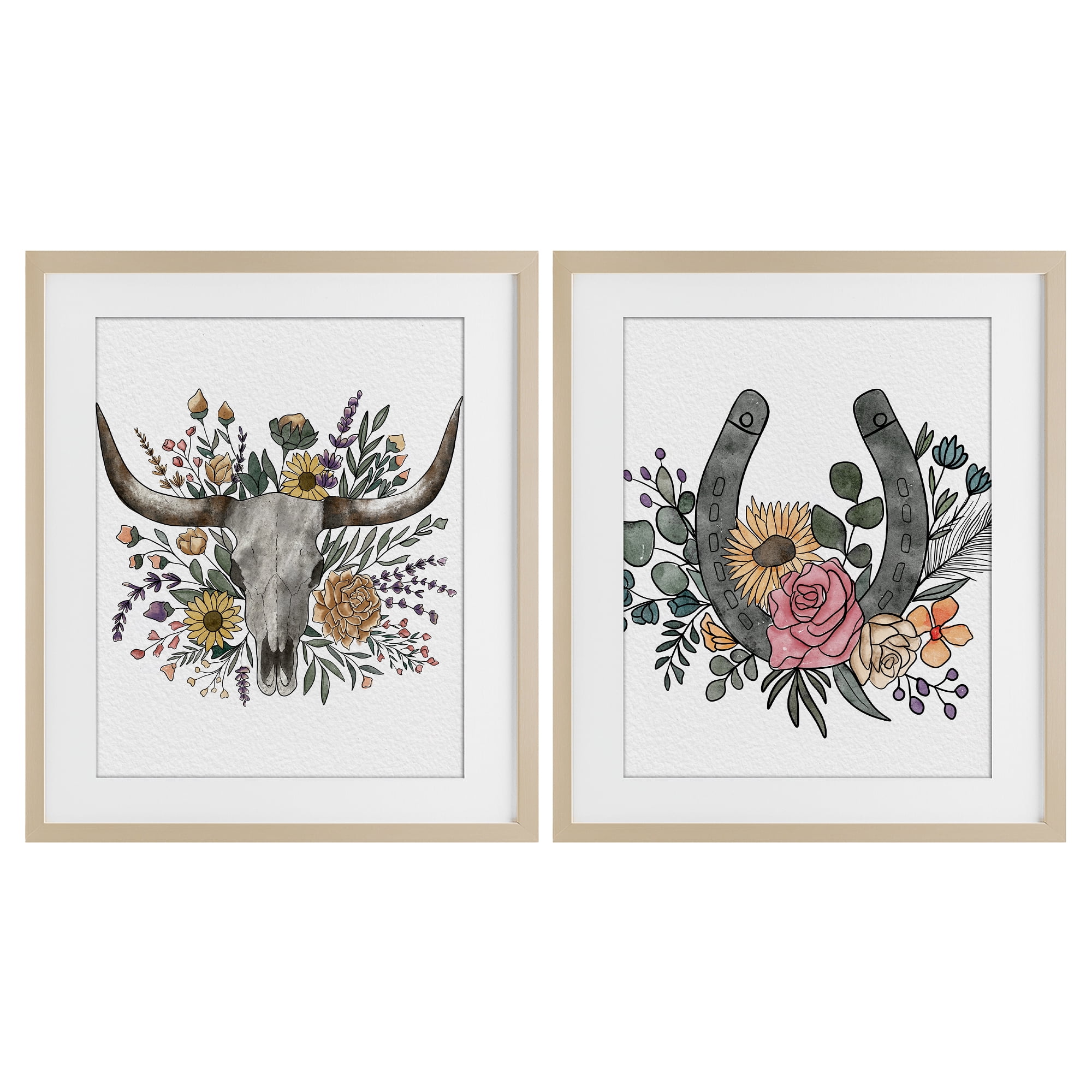 Stupell Industries Boho Longhorn & Horseshoe 2 Piece Birch Framed Print Under Glass Set, design by Alisha Kiara Design