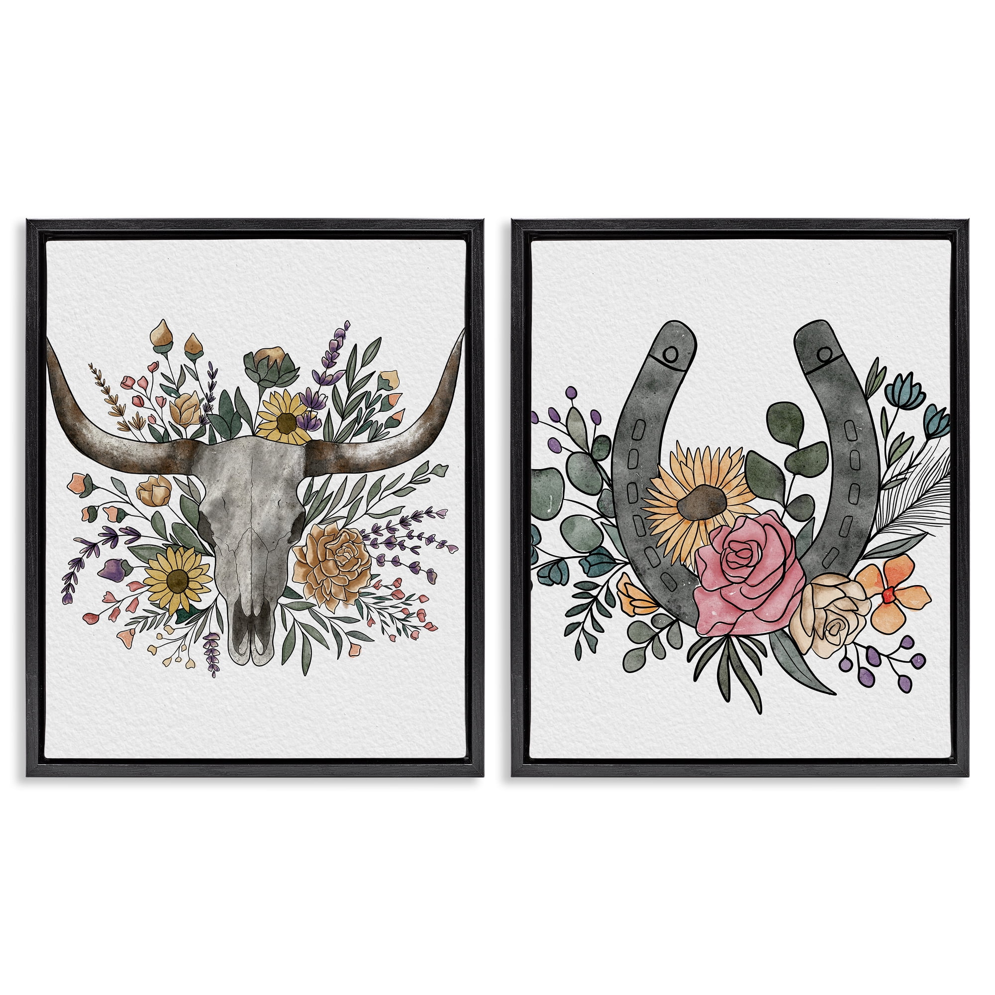 Stupell Industries Boho Longhorn & Horseshoe 2 Piece Black Framed Floater Canvas Set, design by Alisha Kiara Design
