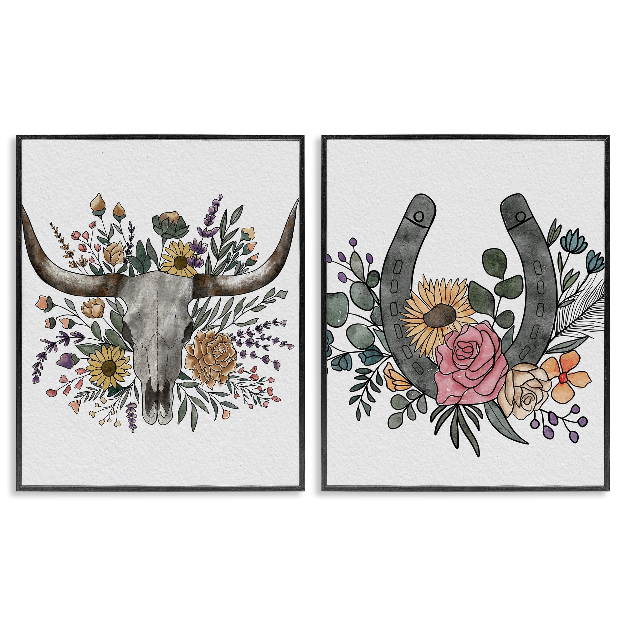 Stupell Industries Boho Longhorn & Horseshoe 2 Piece Black Framed Giclee Art Set, design by Alisha Kiara Design