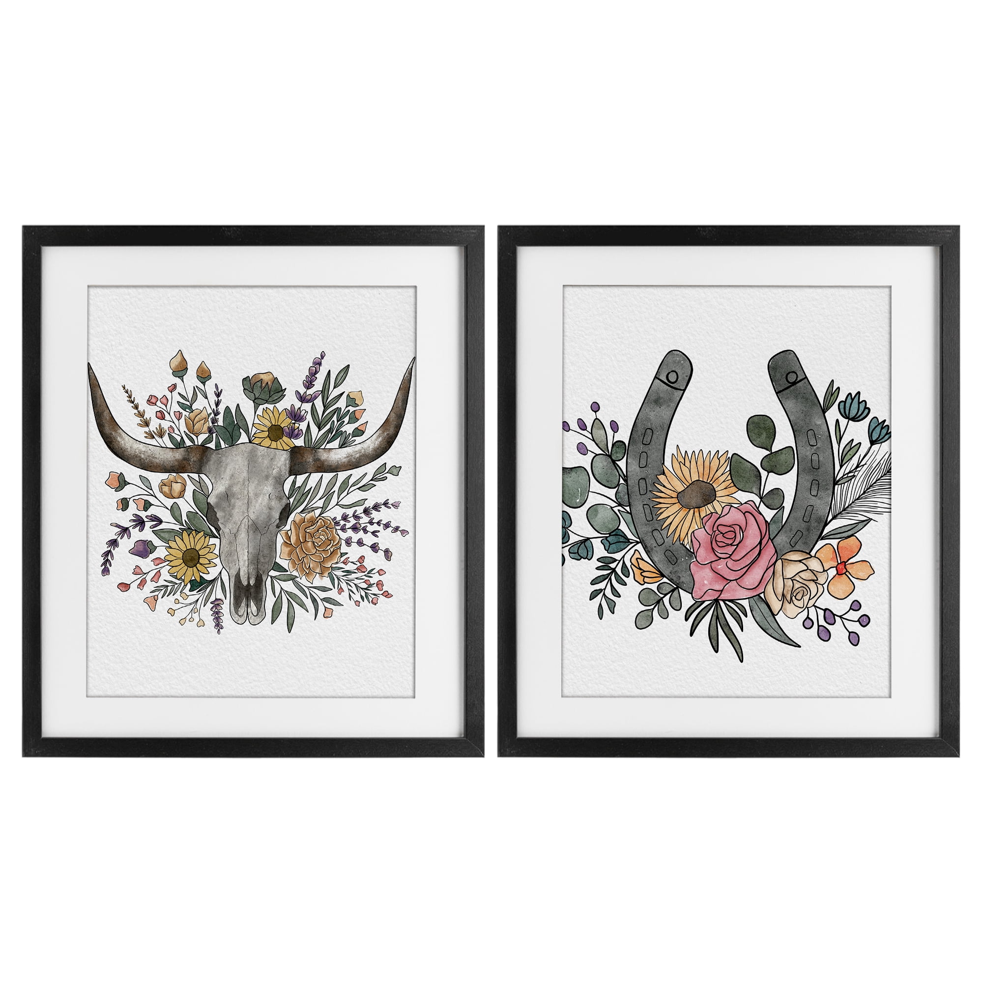 Stupell Industries Boho Longhorn & Horseshoe 2 Piece Black Framed Print Under Glass Set, design by Alisha Kiara Design