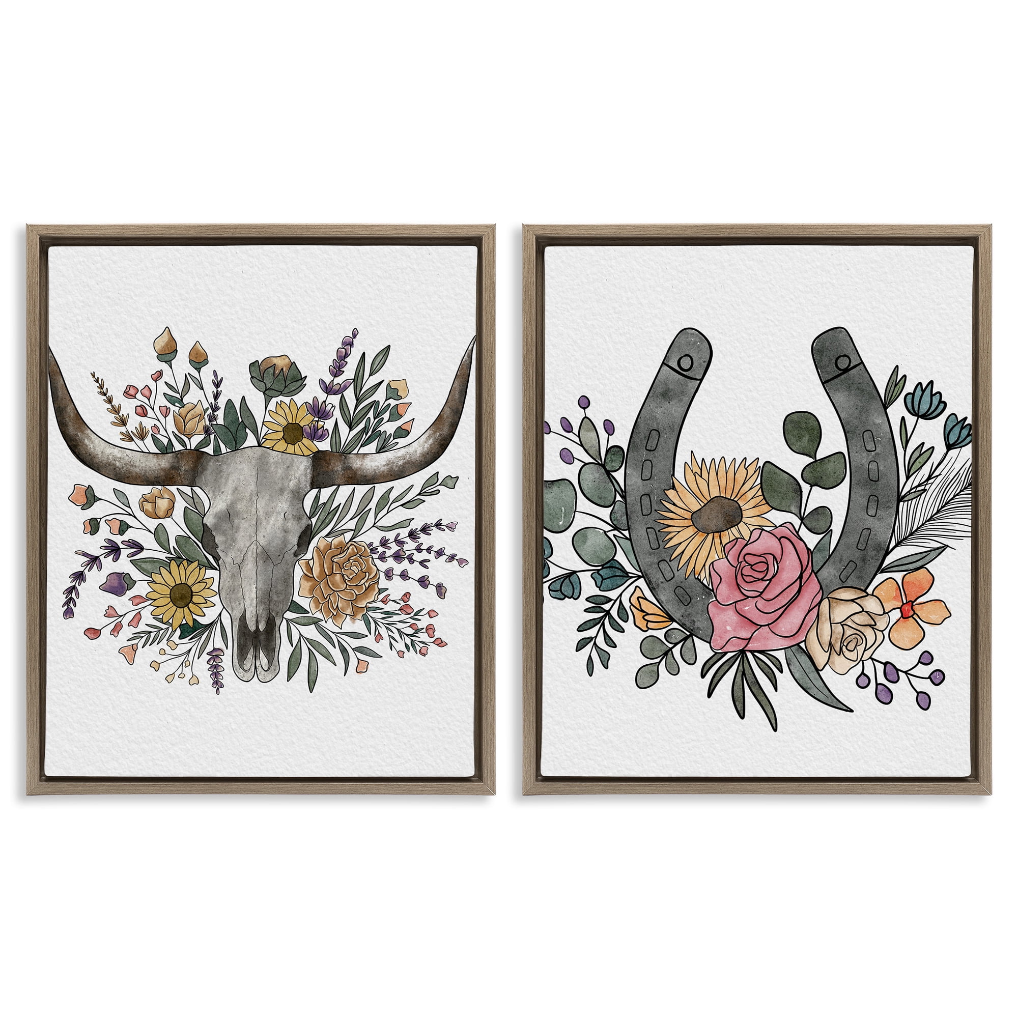 Stupell Industries Boho Longhorn & Horseshoe 2 Piece Brown Framed ...