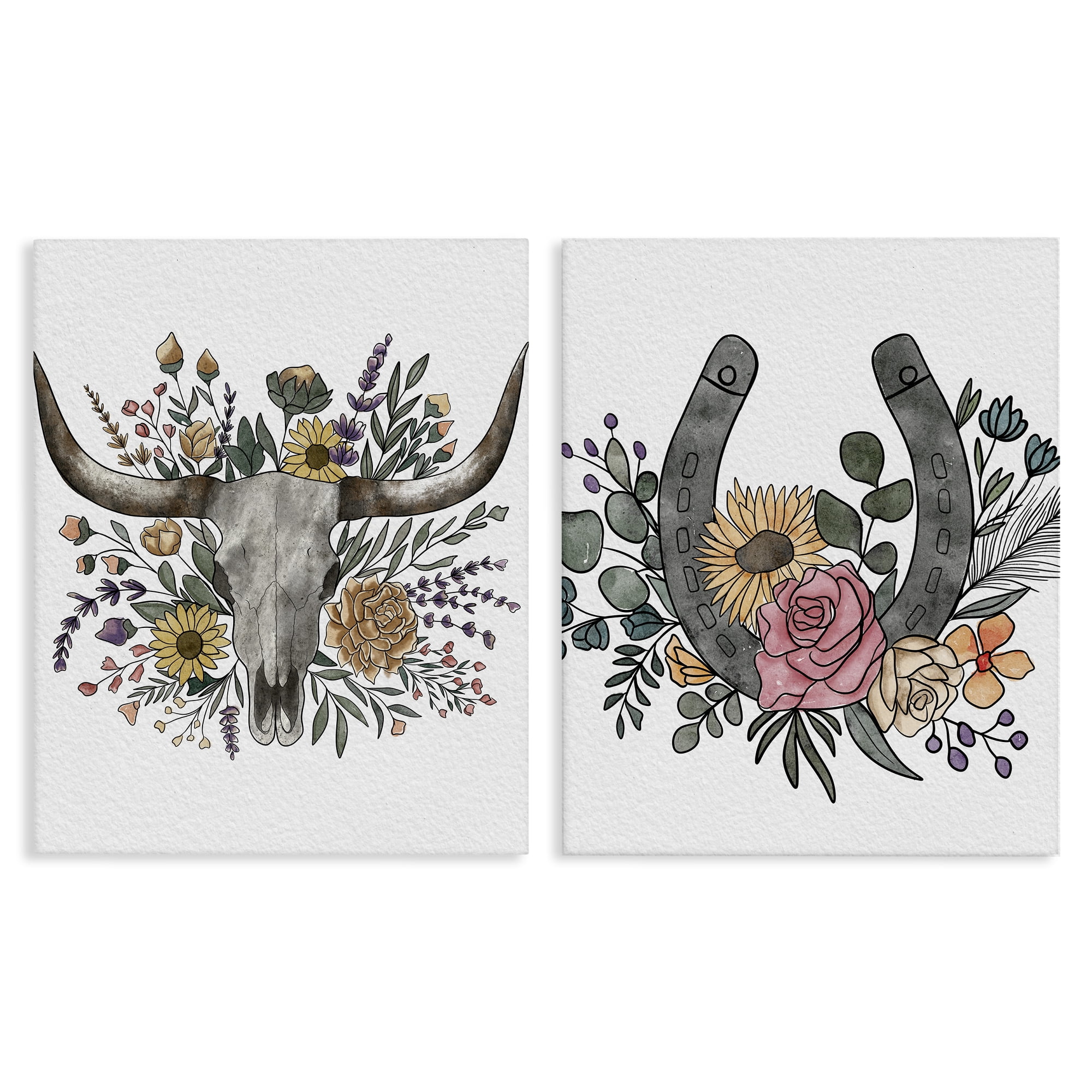 Stupell Industries Boho Longhorn & Horseshoe 2 Piece Canvas Wall Art Set, design by Alisha Kiara Design