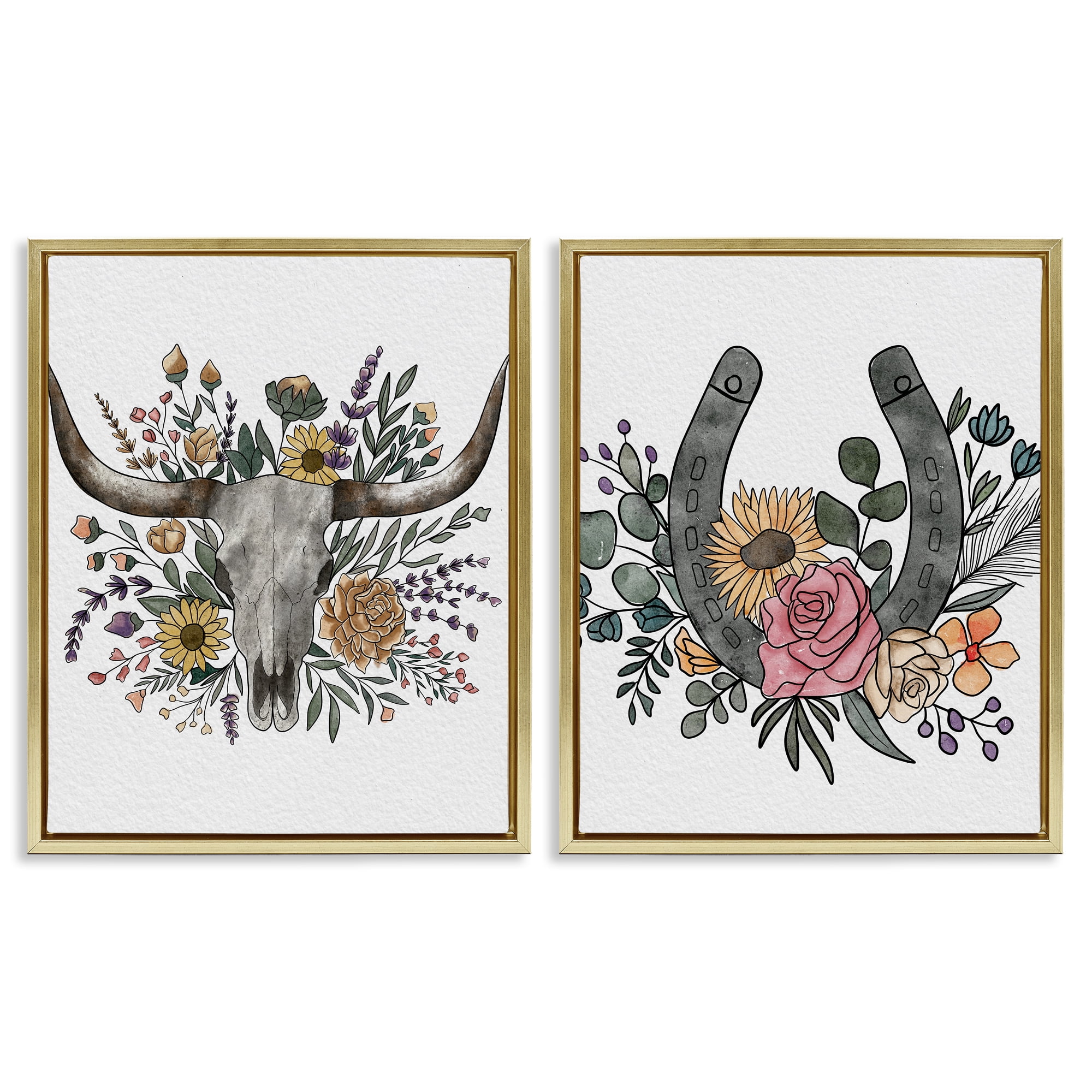 Stupell Industries Boho Longhorn & Horseshoe 2 Piece Gold Framed Floater Canvas Set, design by Alisha Kiara Design