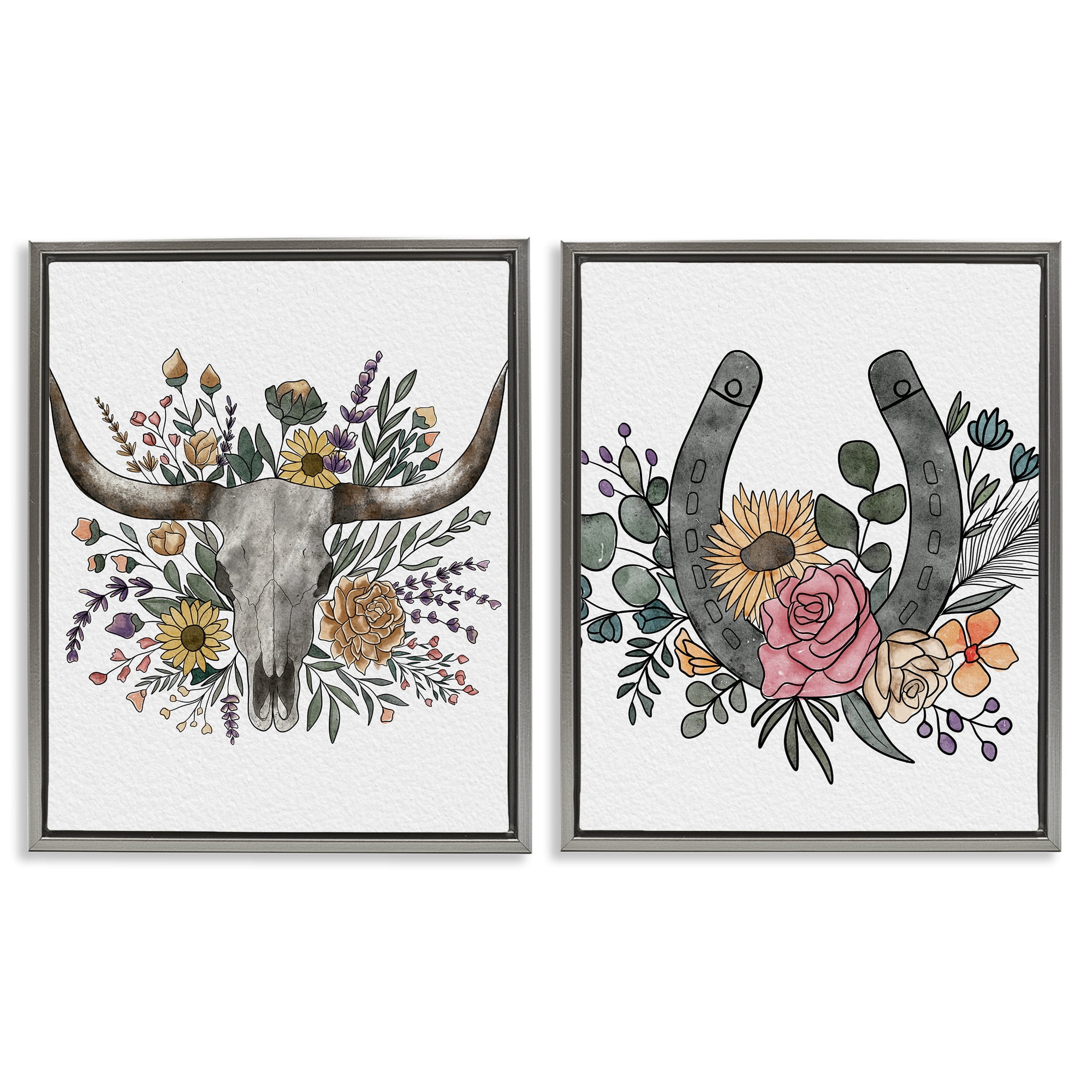Stupell Industries Boho Longhorn & Horseshoe 2 Piece Gray Framed Floater Canvas Set, design by Alisha Kiara Design